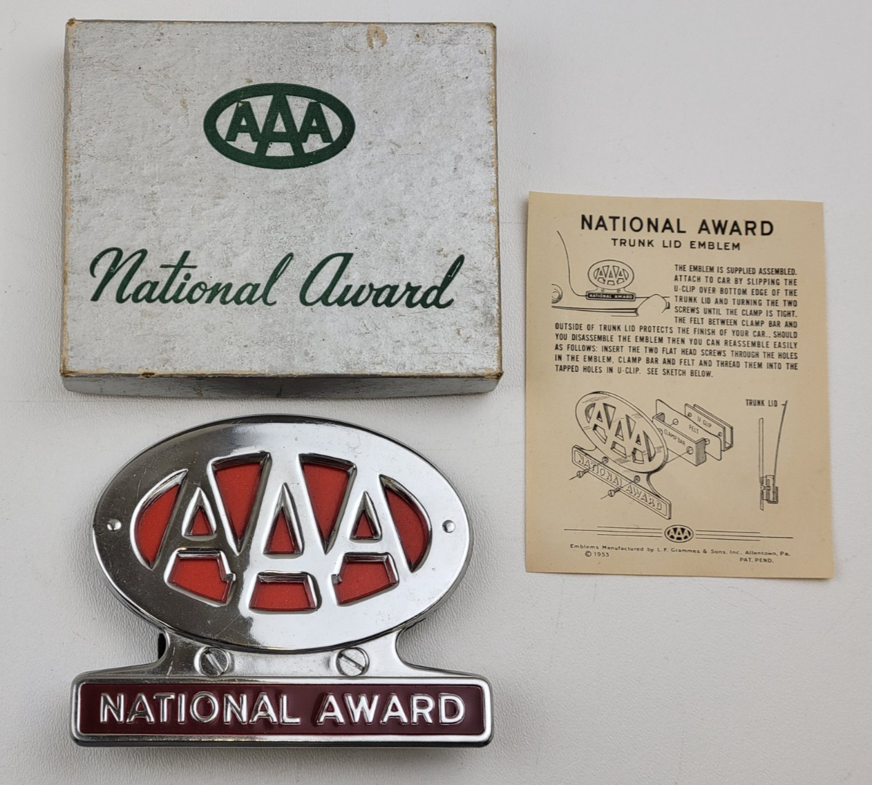Vintage 1953 LF Grammes AAA National Award License Plate Topper Trunk Lid Emblem