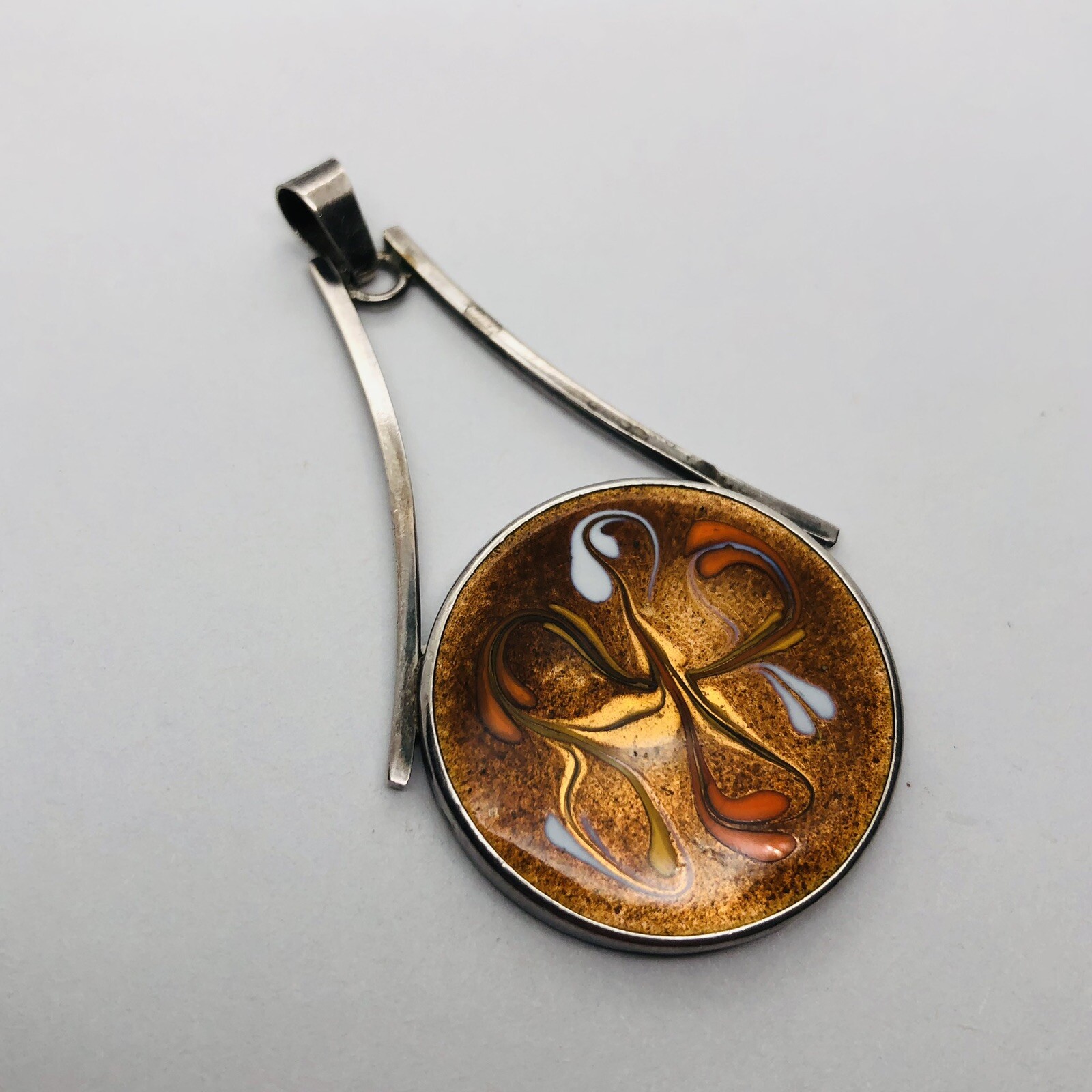 11.6g 925 STERLING SILVER ART GLASS AMBER SWIRL DESIGNER PENDANT HANDMADE