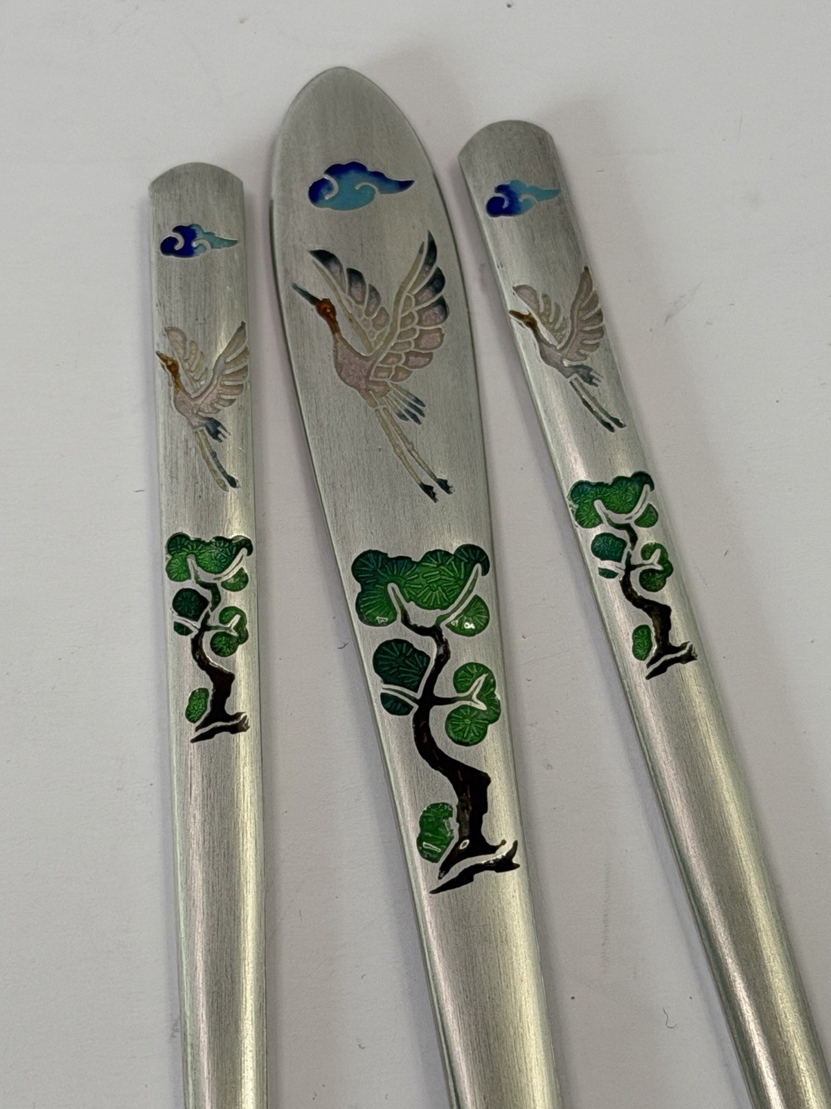 Korean AG800 Silver Sujeo Spoon Chopsticks Enamel Crane Bonsai Boxed Korean AG800 Silver Sujeo Spoon Chopsticks Enamel Crane Bonsai Boxed