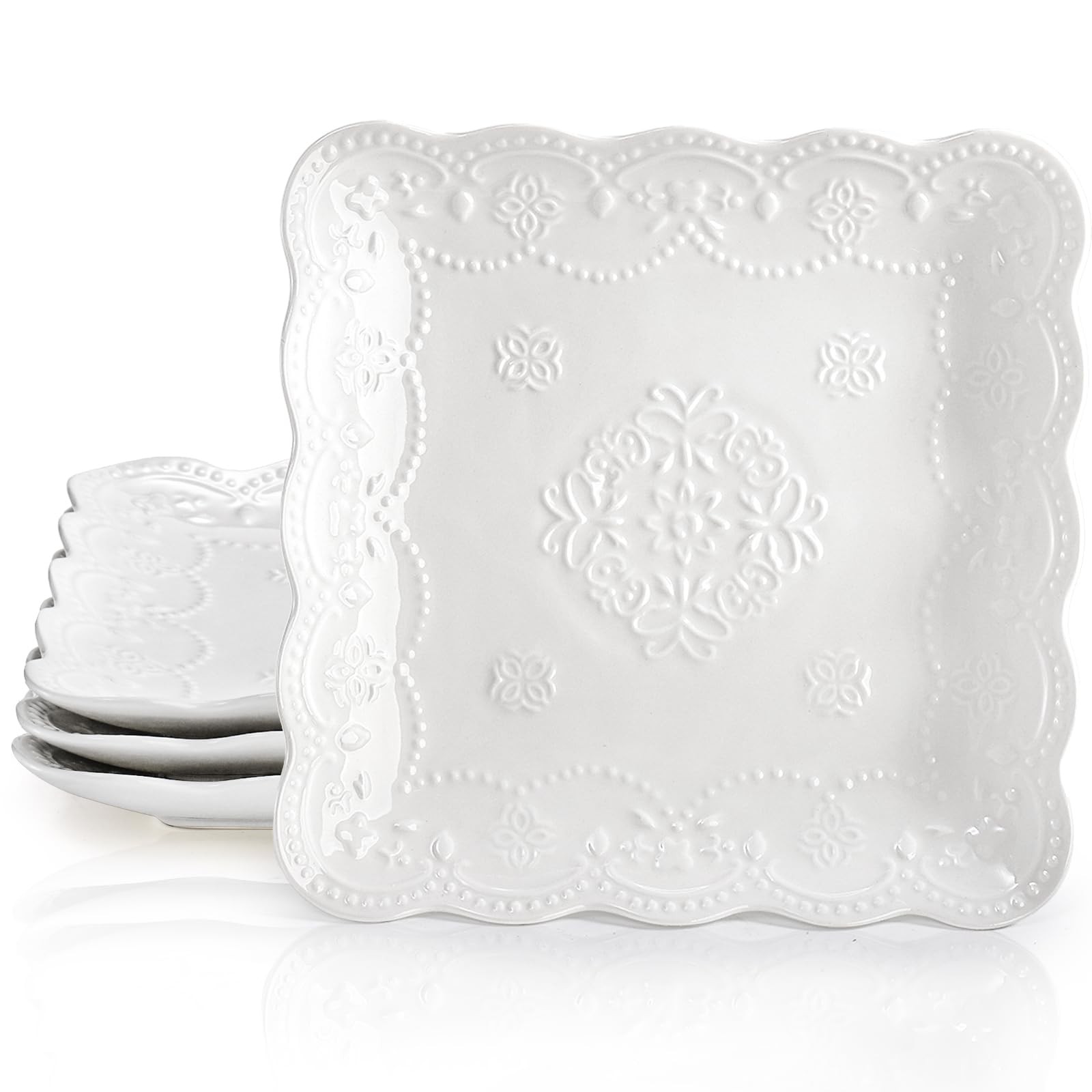 Tebery Set of 4 Square Embossed Ceramic Plate, 10 10 Inch Large, Ivory White