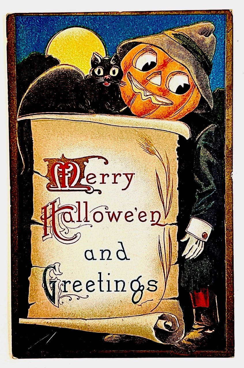 Antique 1910 Halloween Postcard~Embossed JOL~Black Cat~Bright Color Full Moon
