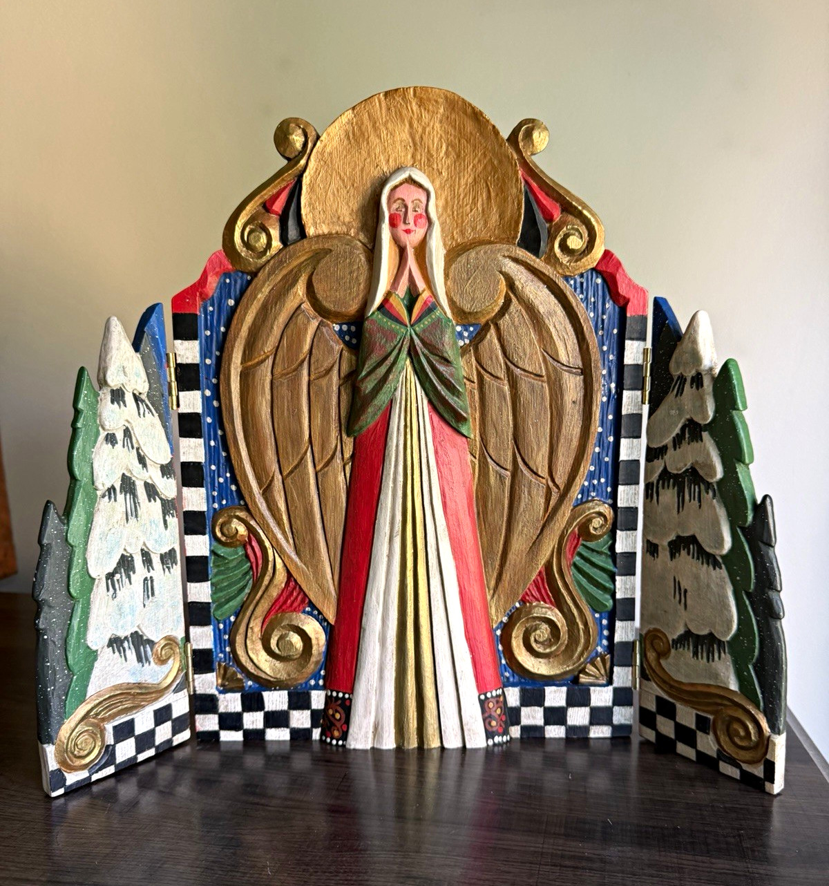 Vtg Midwest Hand Painted Religious Wood Angel Folding Panels Christmas Folk Art