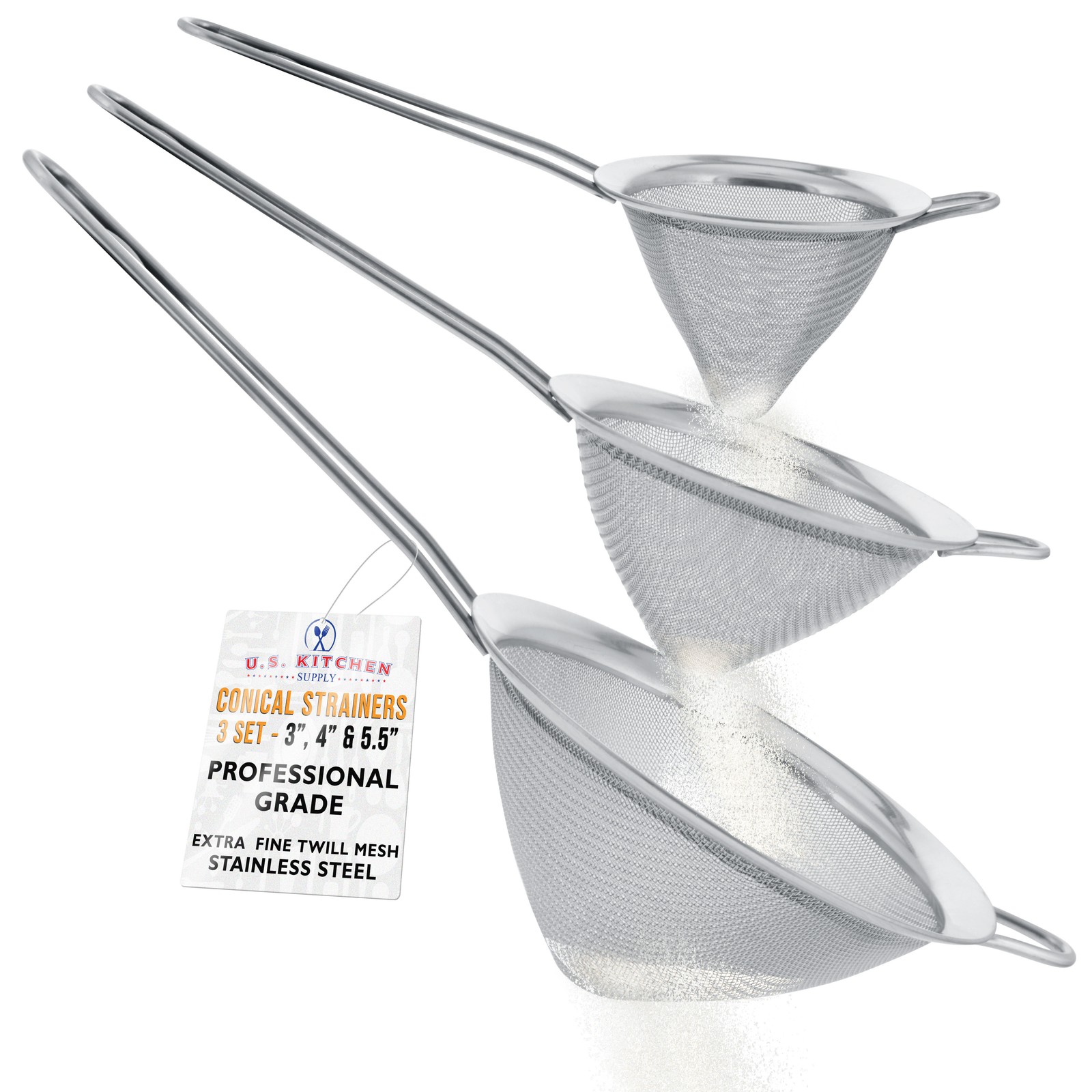 U.S. Kitchen Fine Twill Mesh Stainless Steel Conical Strainer Set 3 4 5\