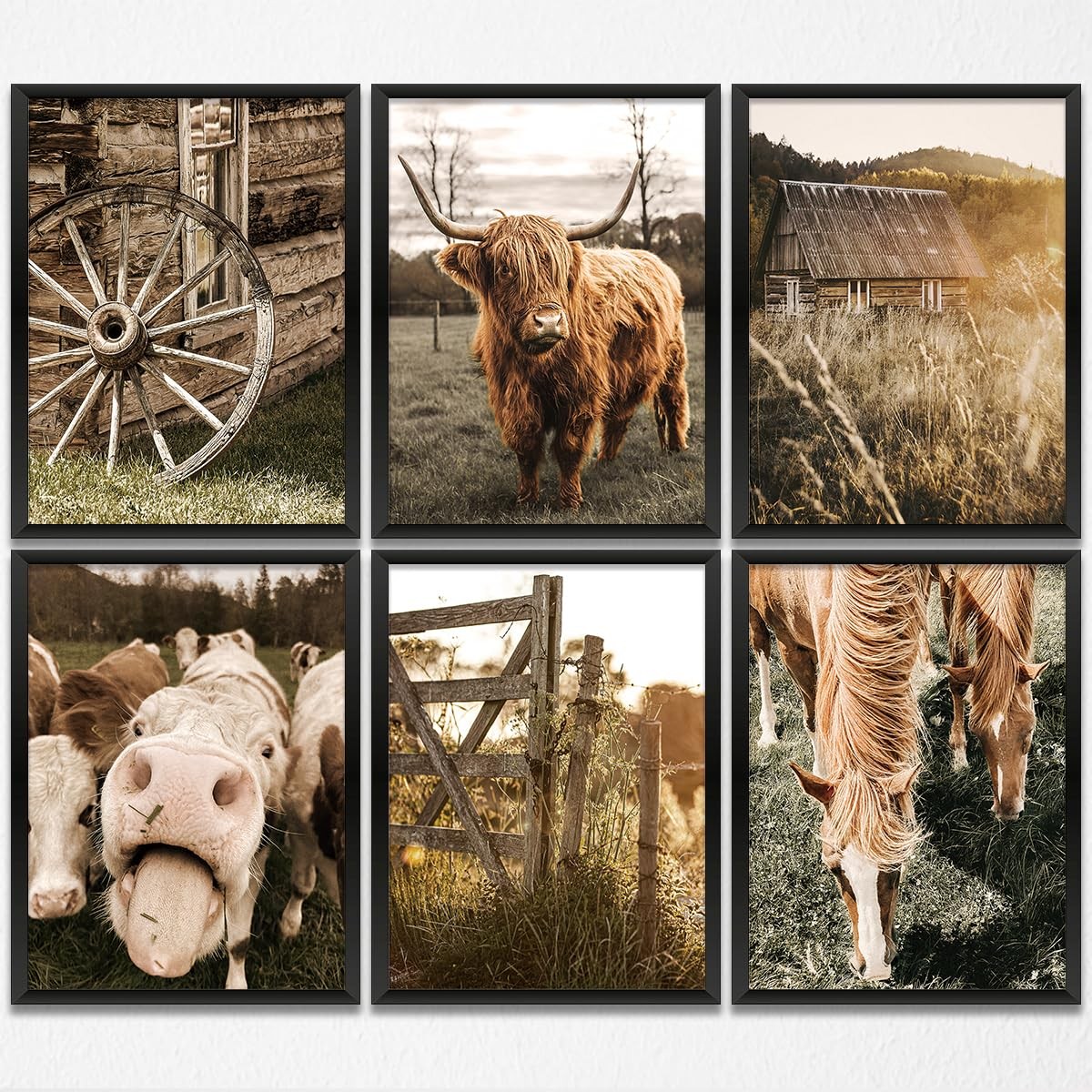 6PCS Vintage Western Cows Horses Farmhouse Decor Cow Print Wall Art Paintings Ar