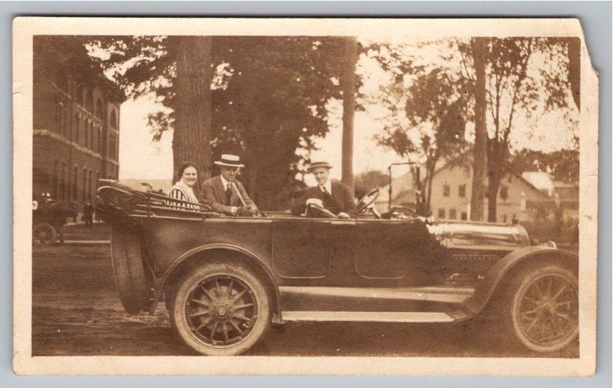 1910s Antique Touring Car Automobile Boater Hats Vintage Sepia Photo Snapshot 1910s Antique Touring Car Automobile Boater Hats Vintage Sepia Photo Snapshot