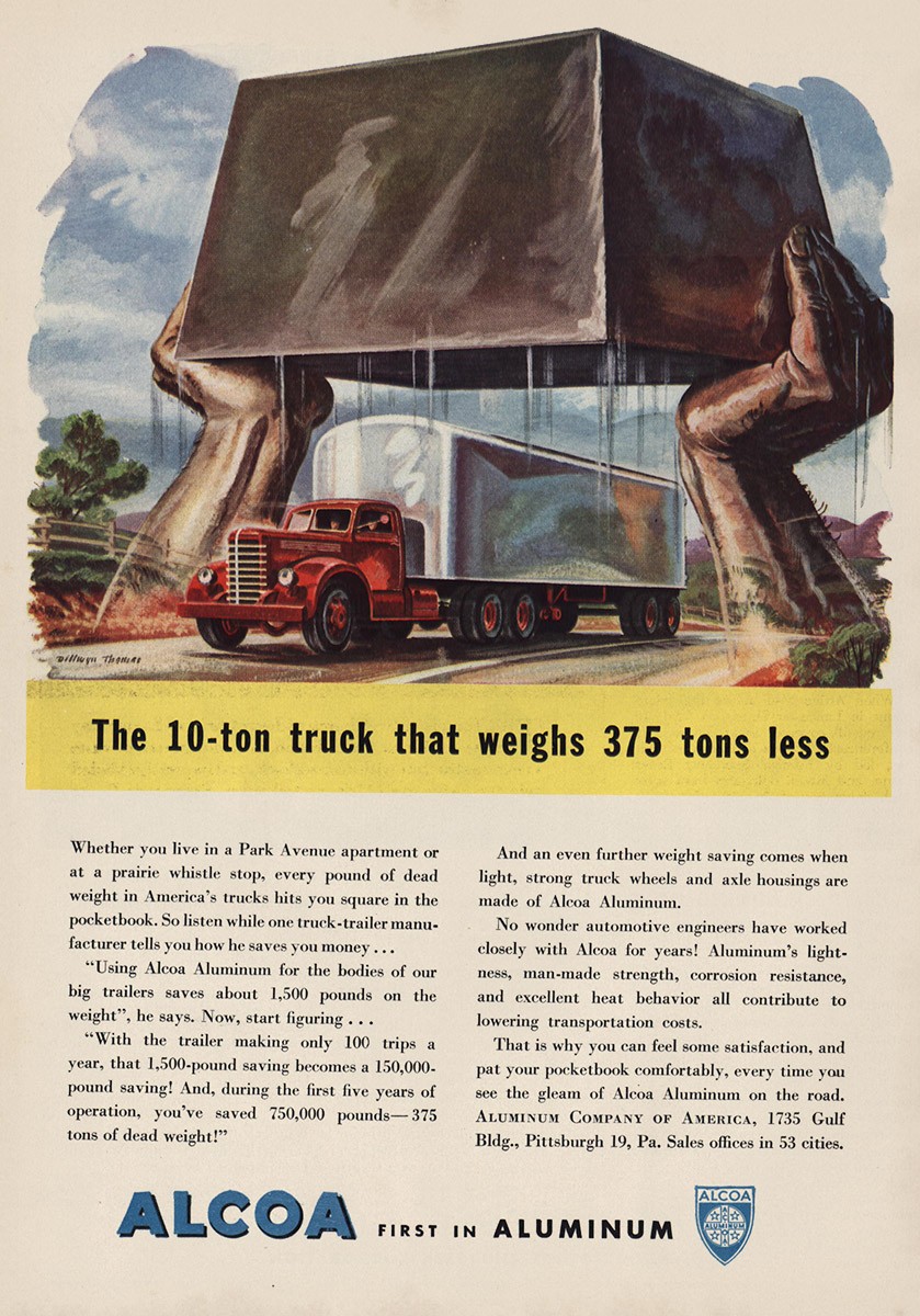 1946 Alcoa: 10 Ton Truck Weighs 375 Tons Less Vintage Print Ad 1946 Alcoa: 10 Ton Truck Weighs 375 Tons Less Vintage Print Ad