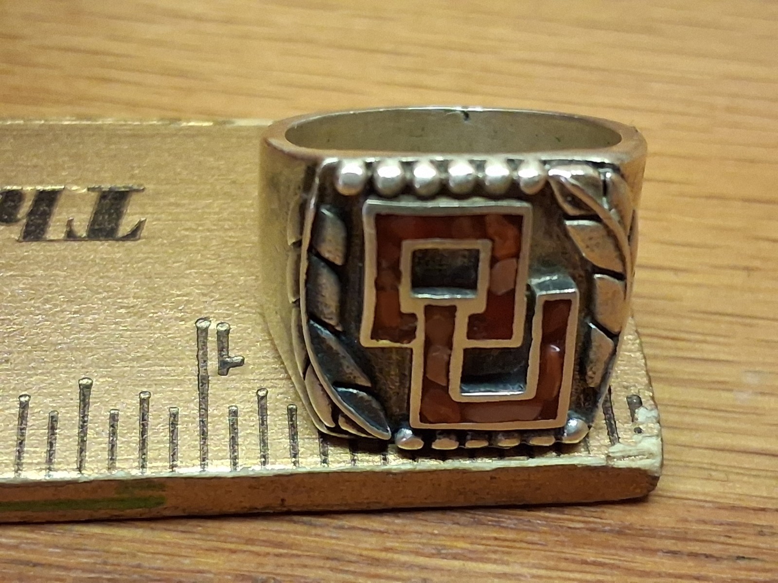 Vintage Oklahoma University Sooners sterling silvr Ring Size 8 rare coral inlay Vintage Oklahoma University Sooners sterling silvr Ring Size 8 rare coral inlay
