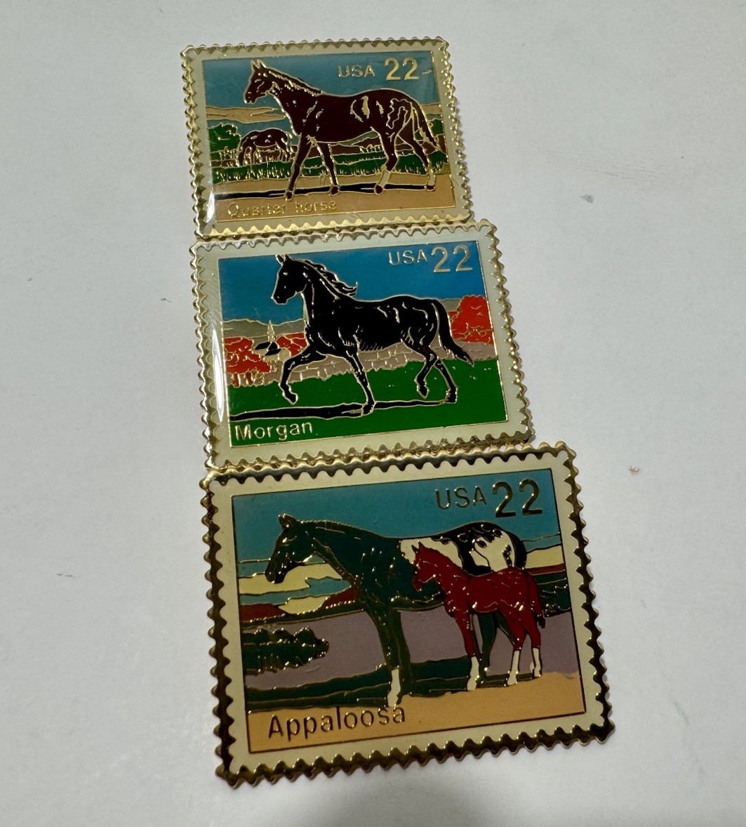 USPS Vintage Postage Stamp Horses Metal Lapel Pins 3 Set Postal Service US Mail
