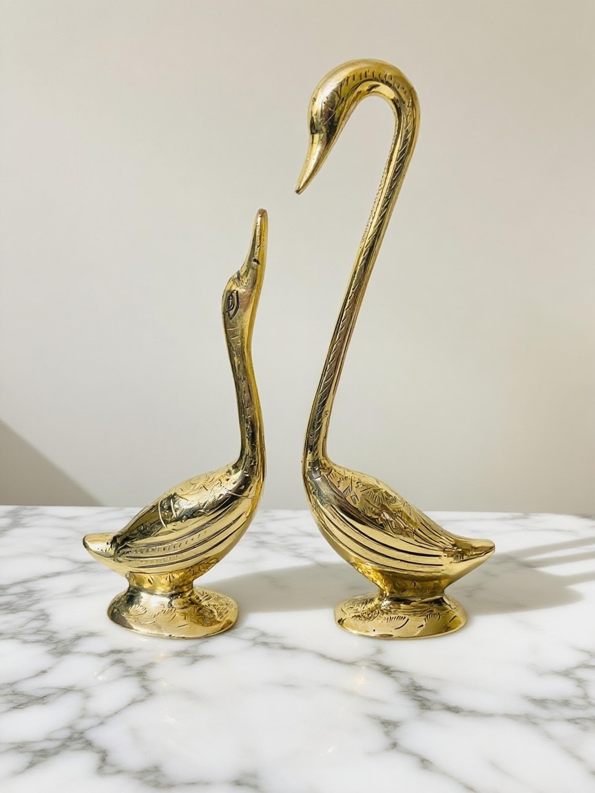 Handcrafted Brass Swan Figurine Pair Vintage Metal Sculpture for Home Decor