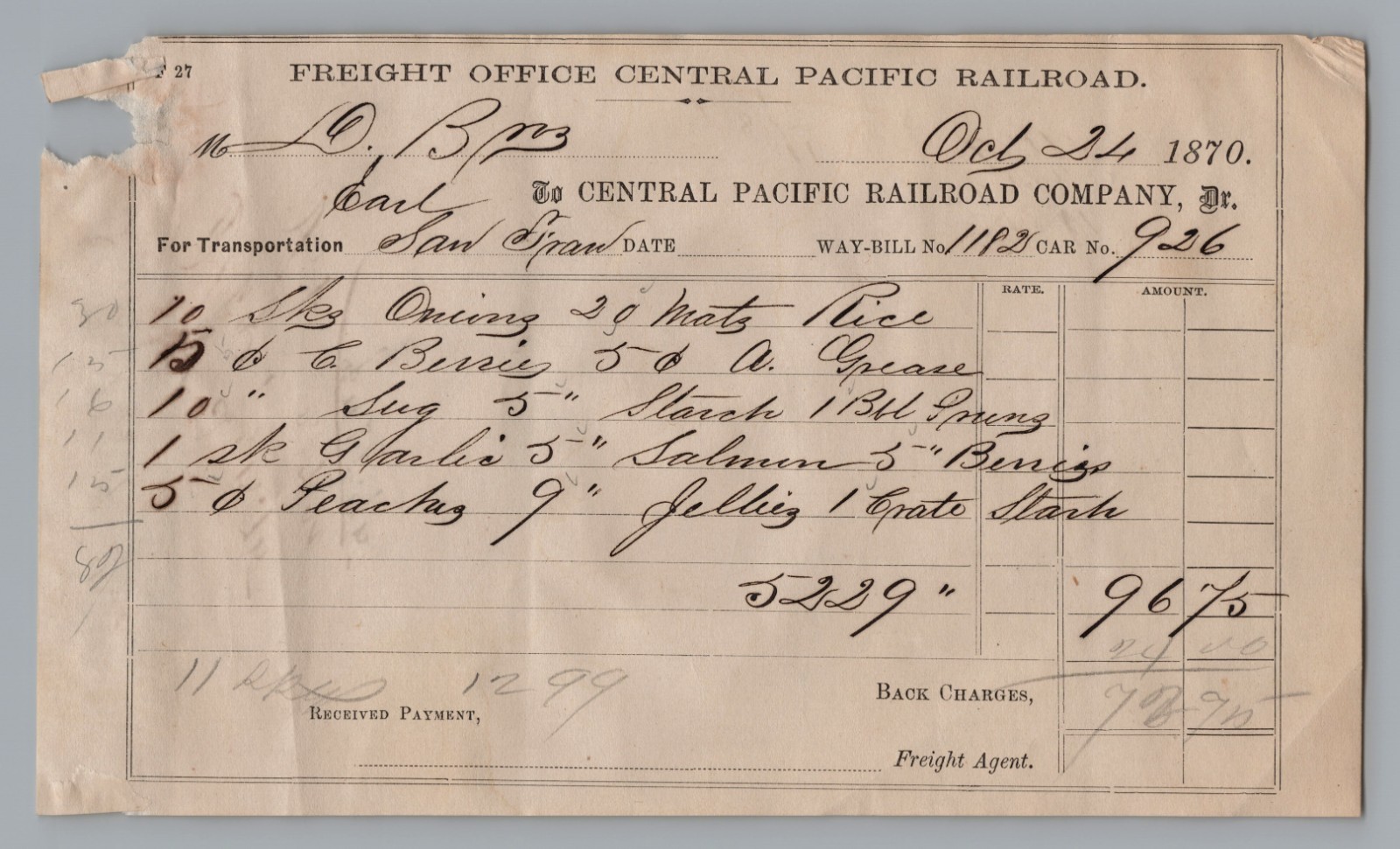 1870 Central Pacific Railroad Freight Bill San Francisco California Ephemera CP