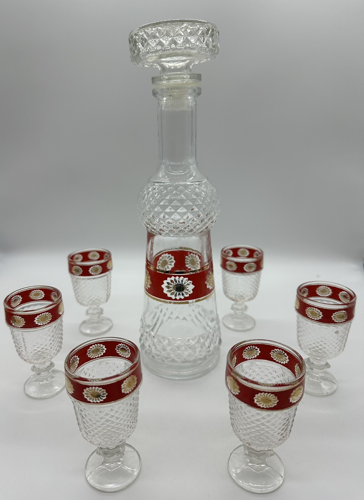 Vintage MCM Diamond Pattern Glass Decanter With Nine Glasses Made In Italy