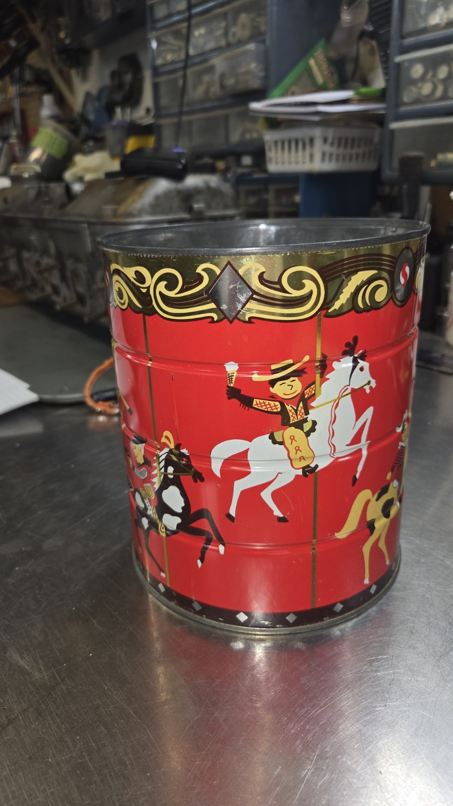 Vintage 1976 Edwards Coffee Tin Carousel Horses Western Lithograph - Super CLEAN