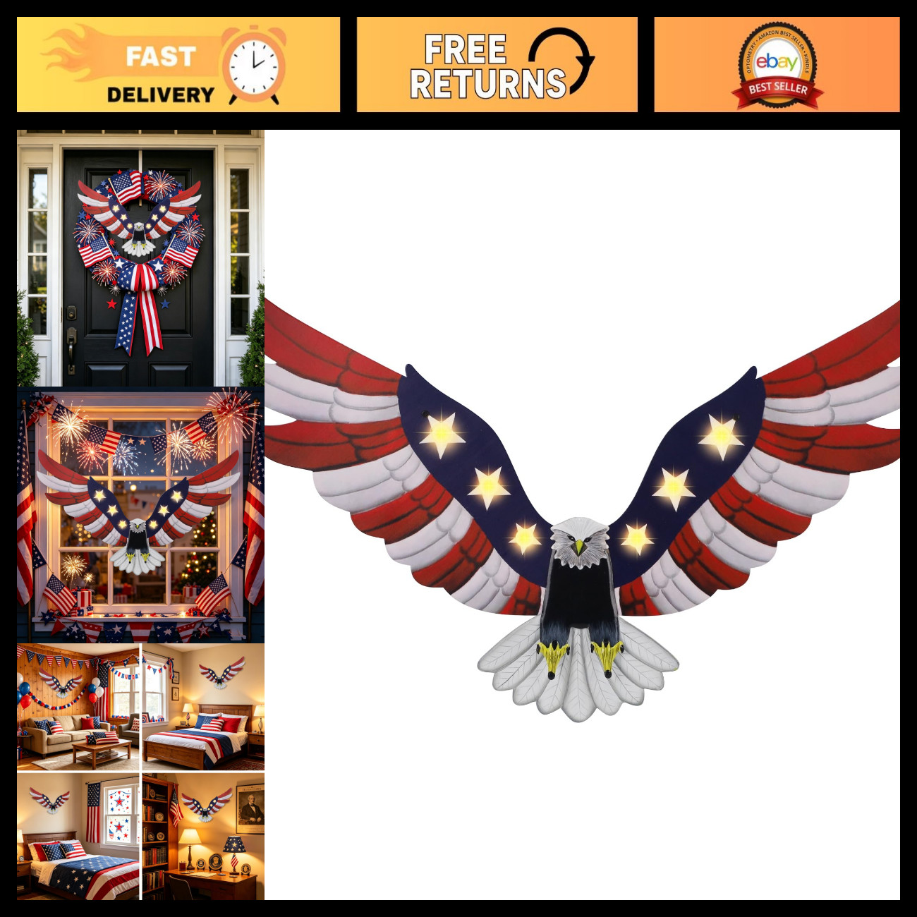 Lighted American Eagle Decoration - 250th 4th of July Outdoor Display, Patriotic