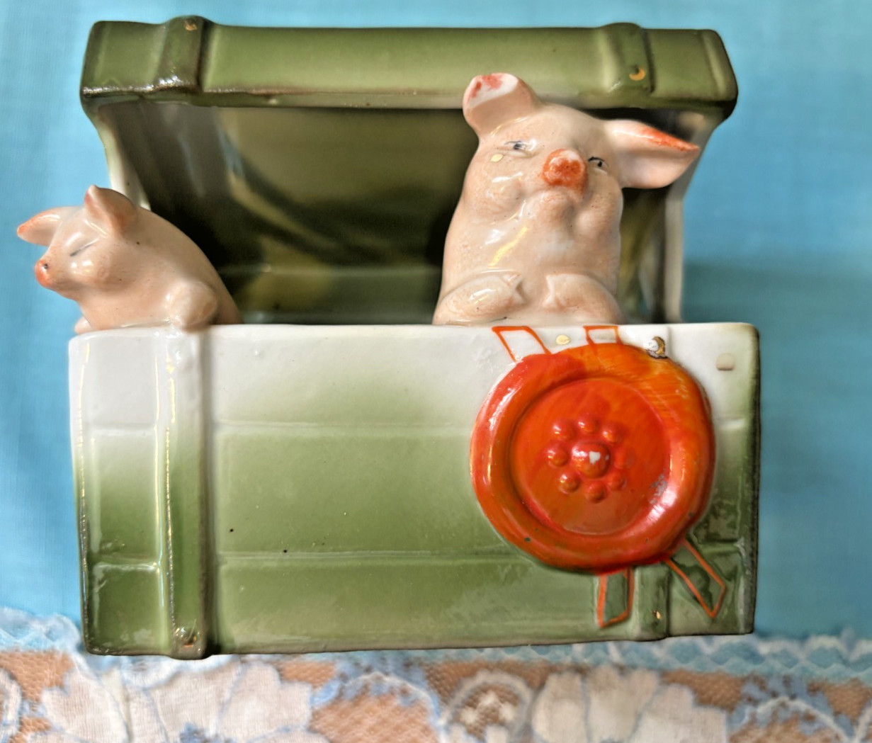 RARE Antique Germany Green Pink Fairing Pigs Antique 2 Pigs in Trunk Chest RARE Antique Germany Green Pink Fairing Pigs Antique 2 Pigs in Trunk Chest