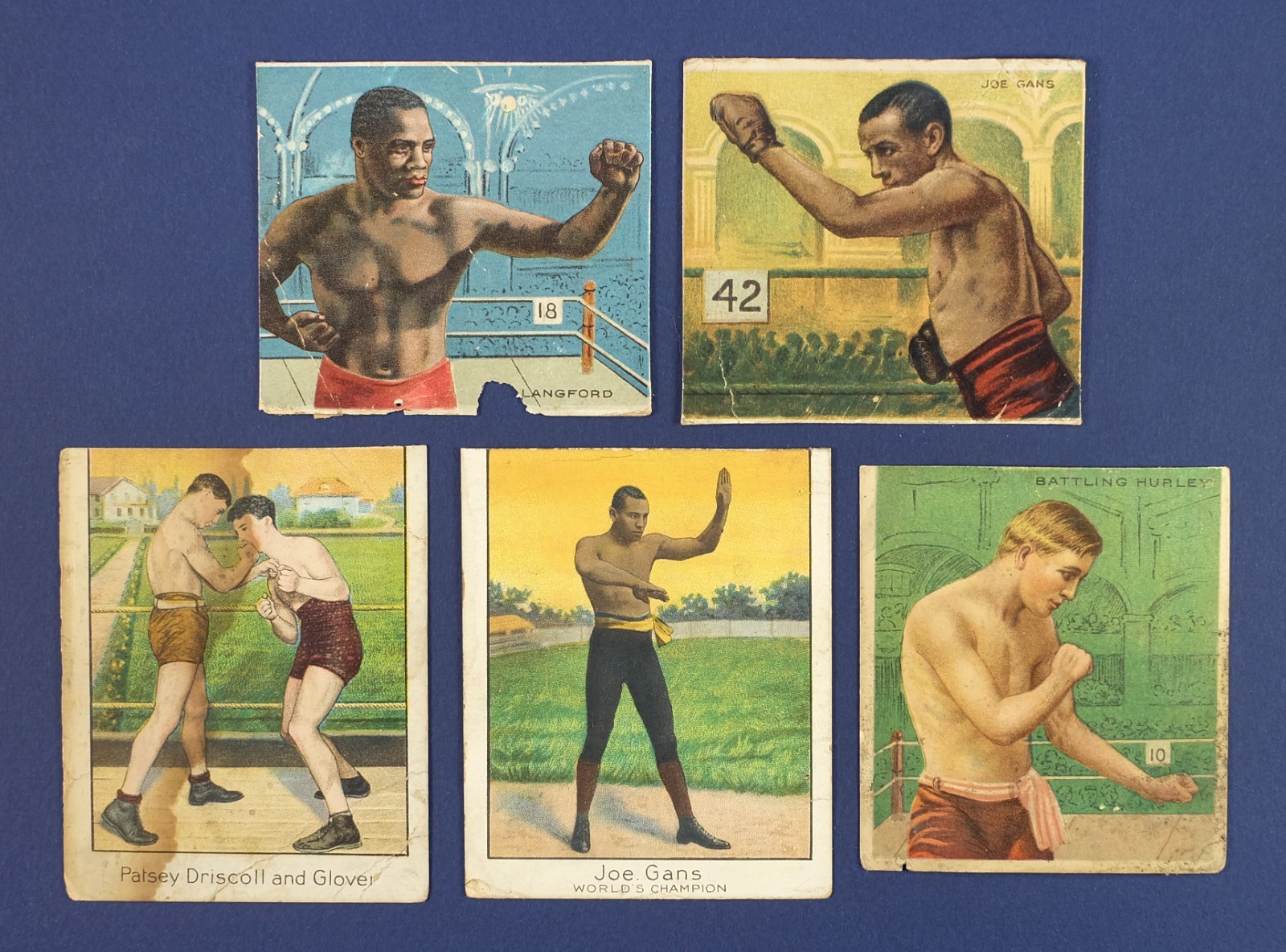 5 Mecca Cigarettes 1910 Boxing Sport Tobacco Cards – Joe Gans, Langford, Hurley