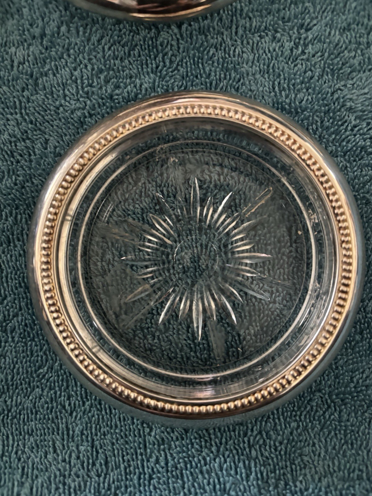 Leonard Silverplate Glass Starburst Coasters Set of 6 Made in Italy Beaded Rim