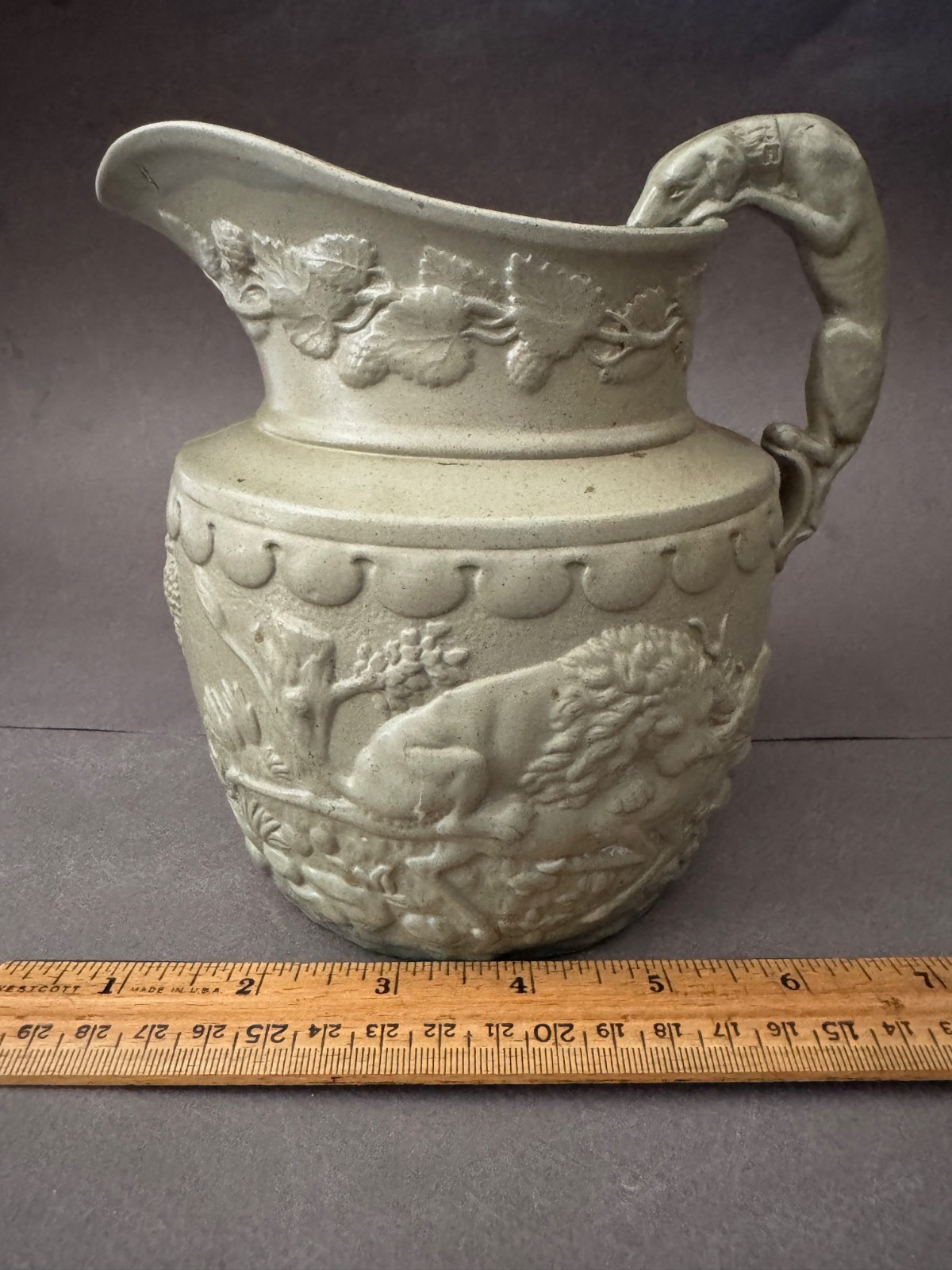 W. RIDGWAY HANLEY GREEN DRAB DRABWARE HUNTING SCENE HOUND HANDLE PITCHER CHIPPED