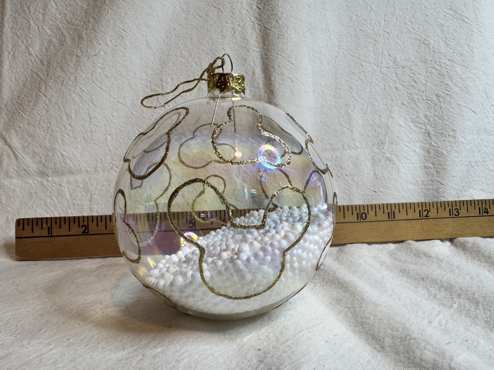Vintage 2000 Disney Mickey Mouse Clear Glass Christmas Ornament Gold Glitter