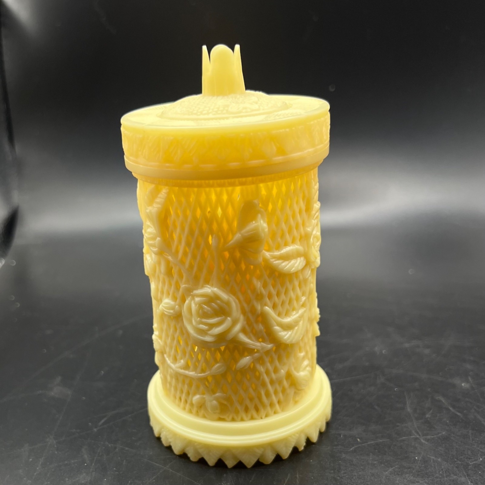 Vintage Celluloid Cocktail Fork  Holder Rose Bird Design 25 Picks Lid Container