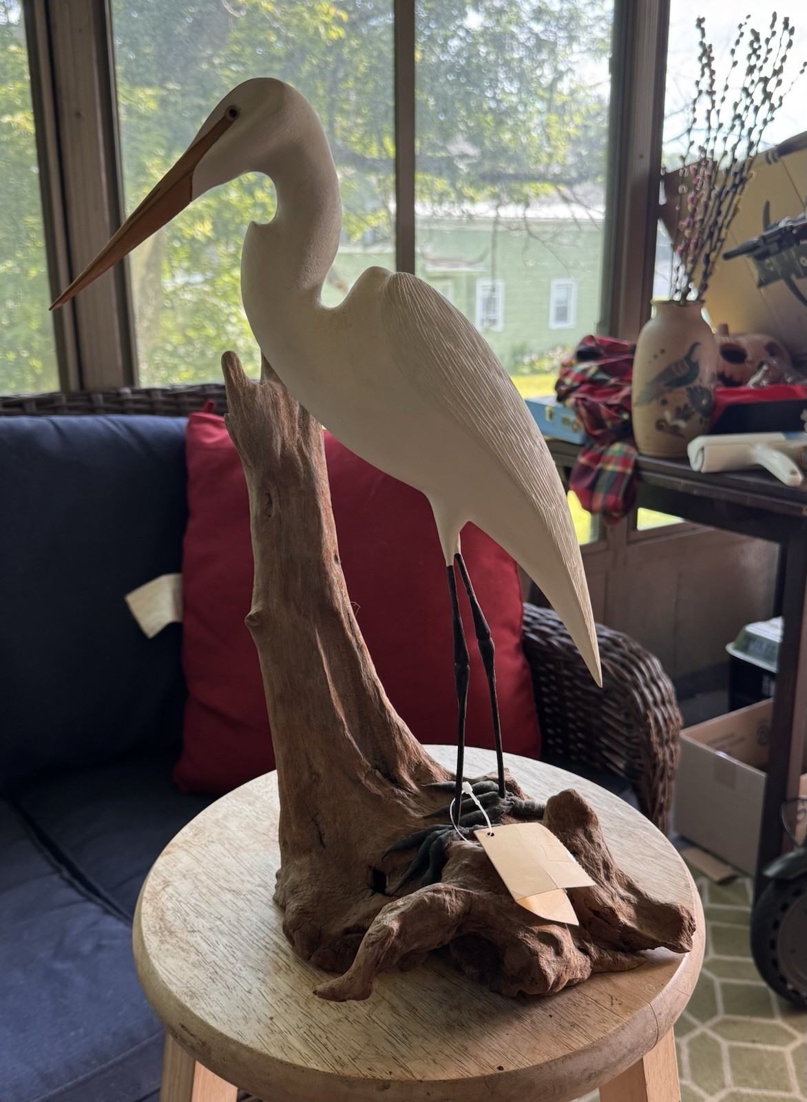 Vintage Egret Wooden Sculpture On Driftwood Large, Signed By R Scheeley 1998