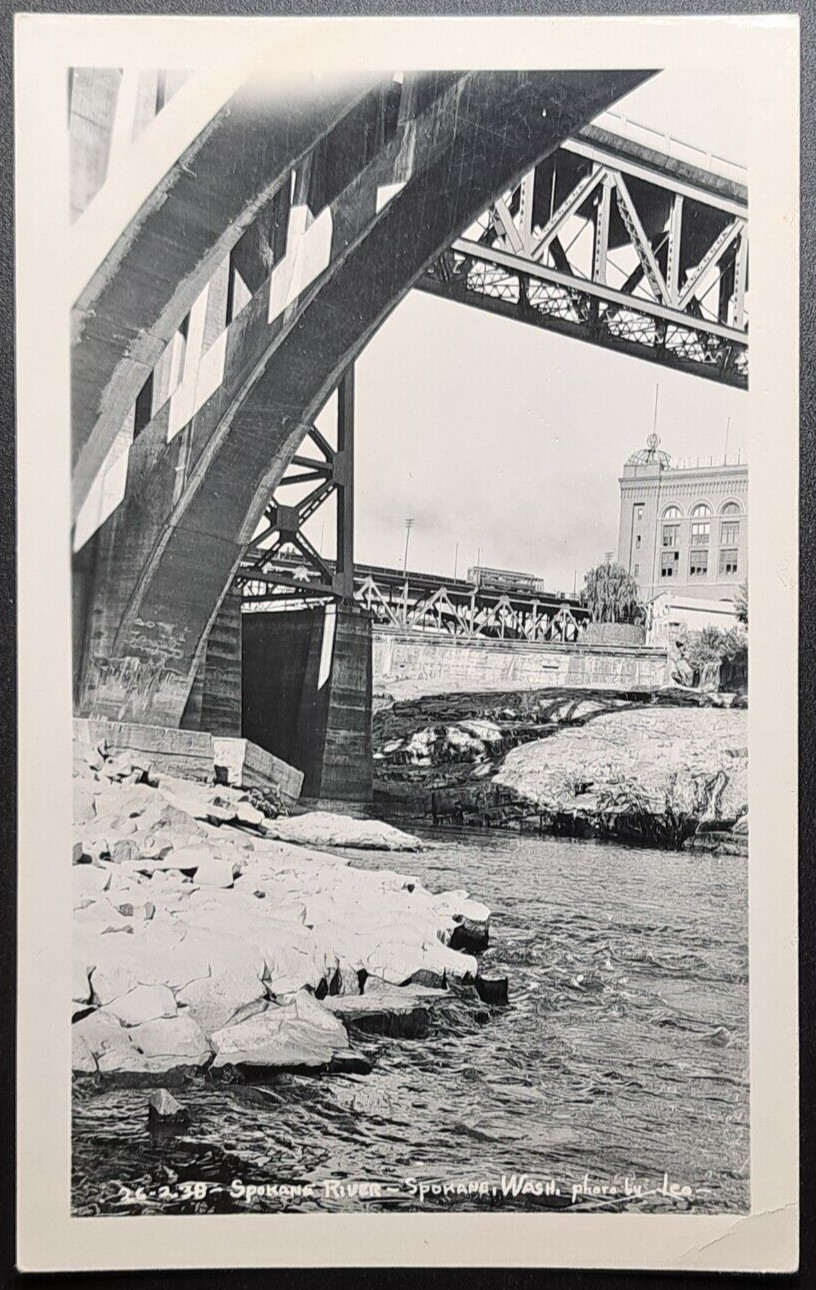 1938 Spokane River WA RPPC Post Street Bridge Leo Photo Real Photo Postcard