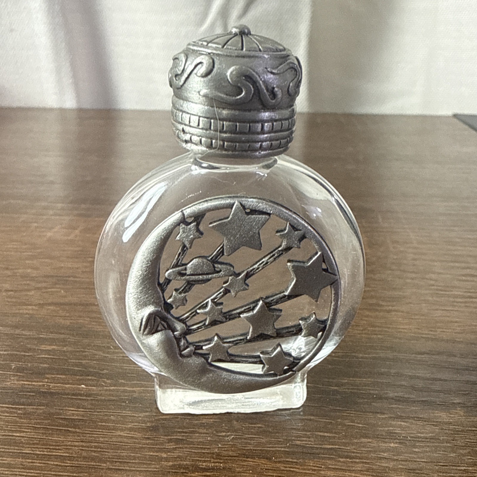Vintage J.J. Jonette Moon and Stars Pewter Glass Clear Perfume Bottle Vintage J.J. Jonette Moon and Stars Pewter Glass Clear Perfume Bottle