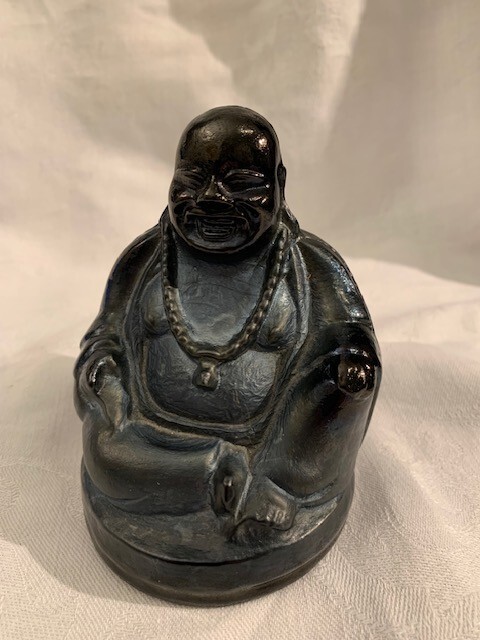 antique dark purple black glass laughing Buddha figurine
