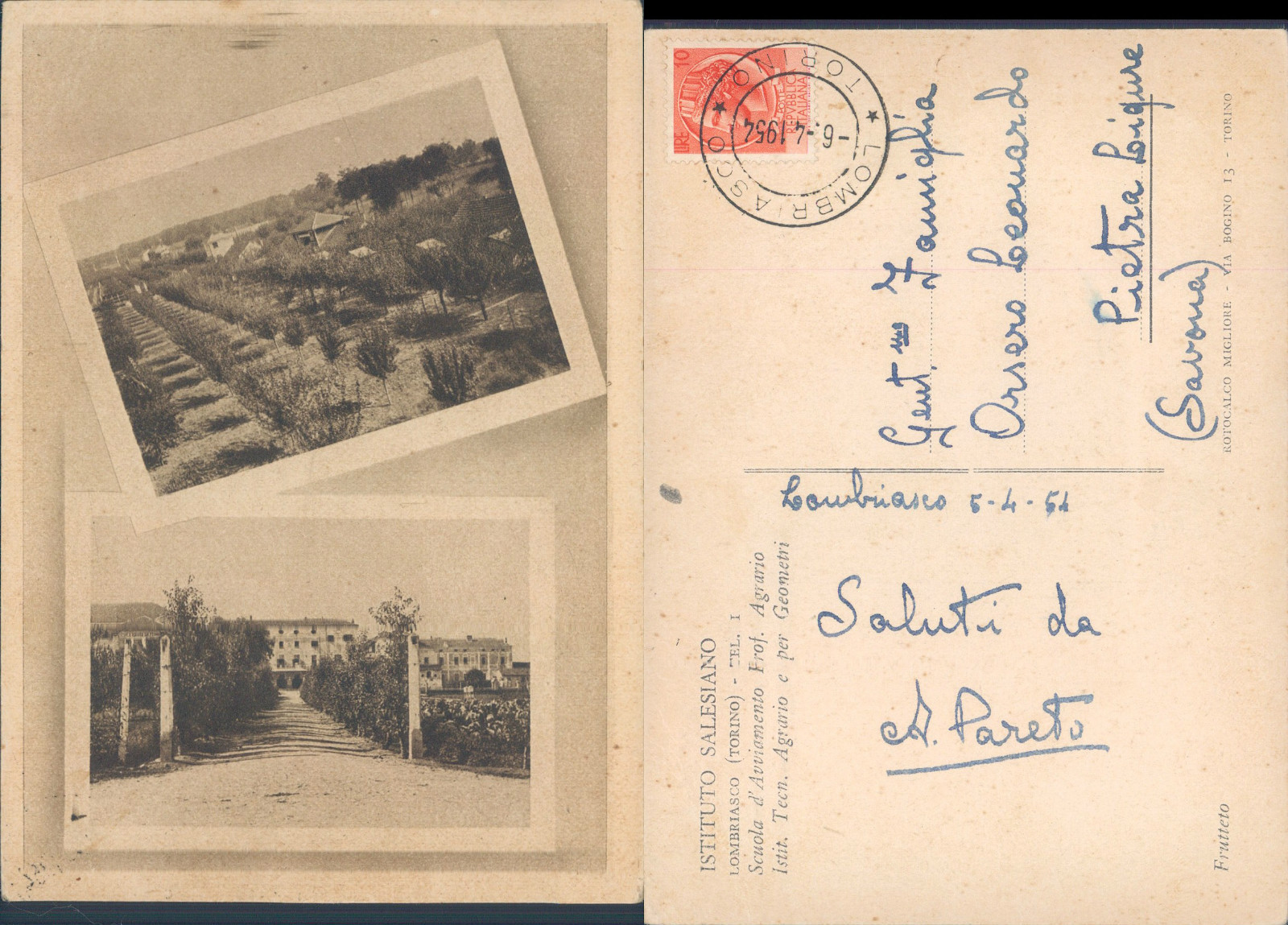 LUMBRIA, SALESIAN INSTITUTE, TRAVELLED 1954 - F.G. PIEDMONT (TO) N.44280