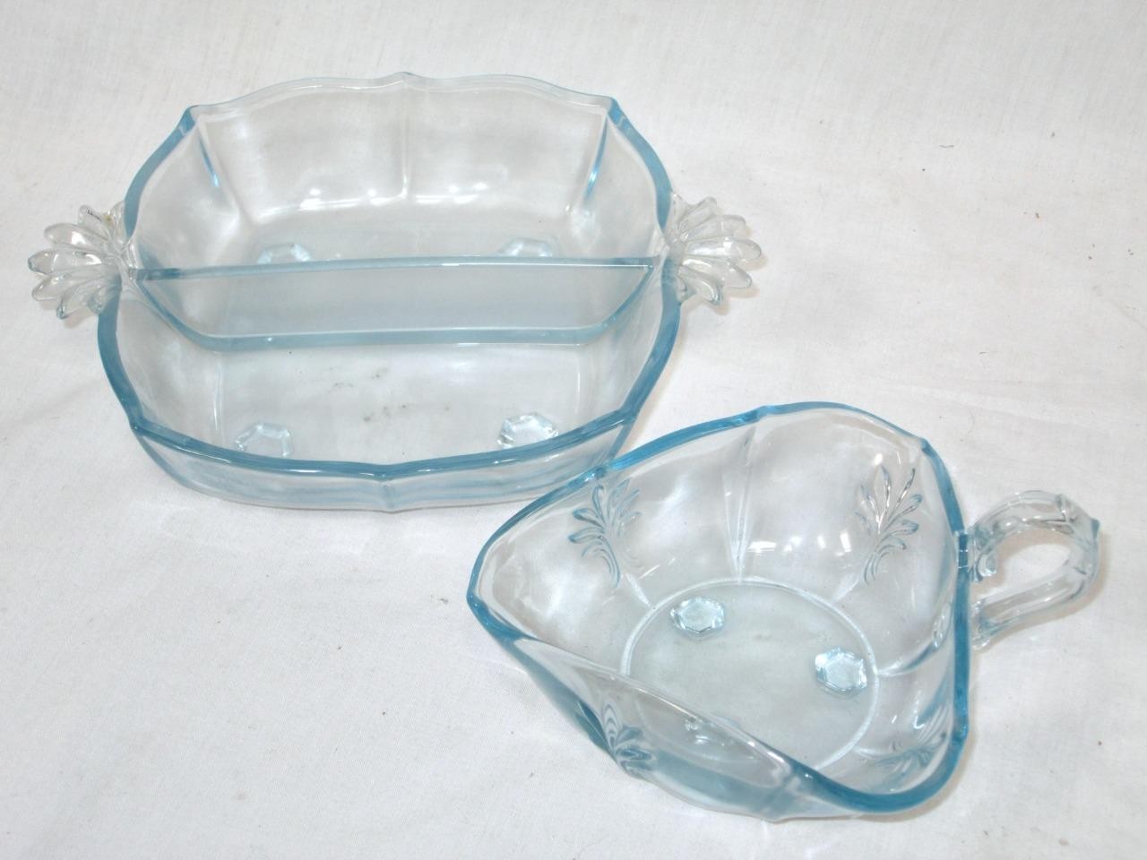Fostoria Baroque Blue Azure Divided Glass Dish Handled, 4 Footed.+ Triangle Bowl