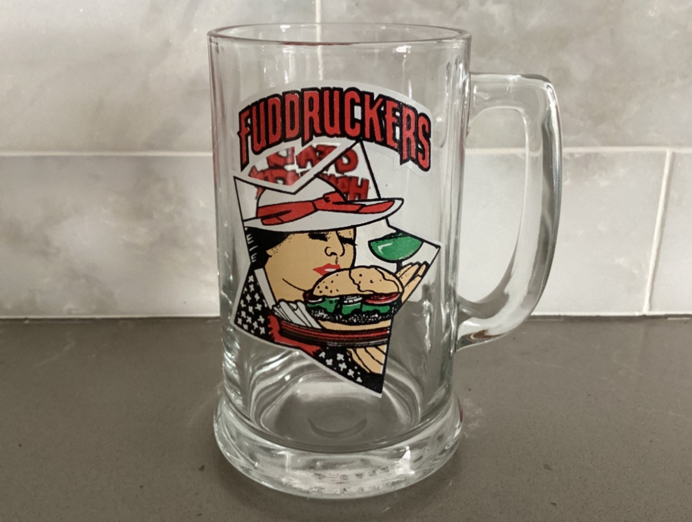 Fuddruckers Glass Mug 12 oz The Worlds Greatest Hamburgers Restaurant Vintage