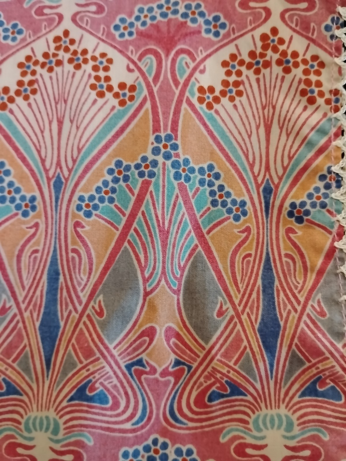 Vintage Liberty Of London Handkerchief England Art Nouveau Coral Blue Floral Fan