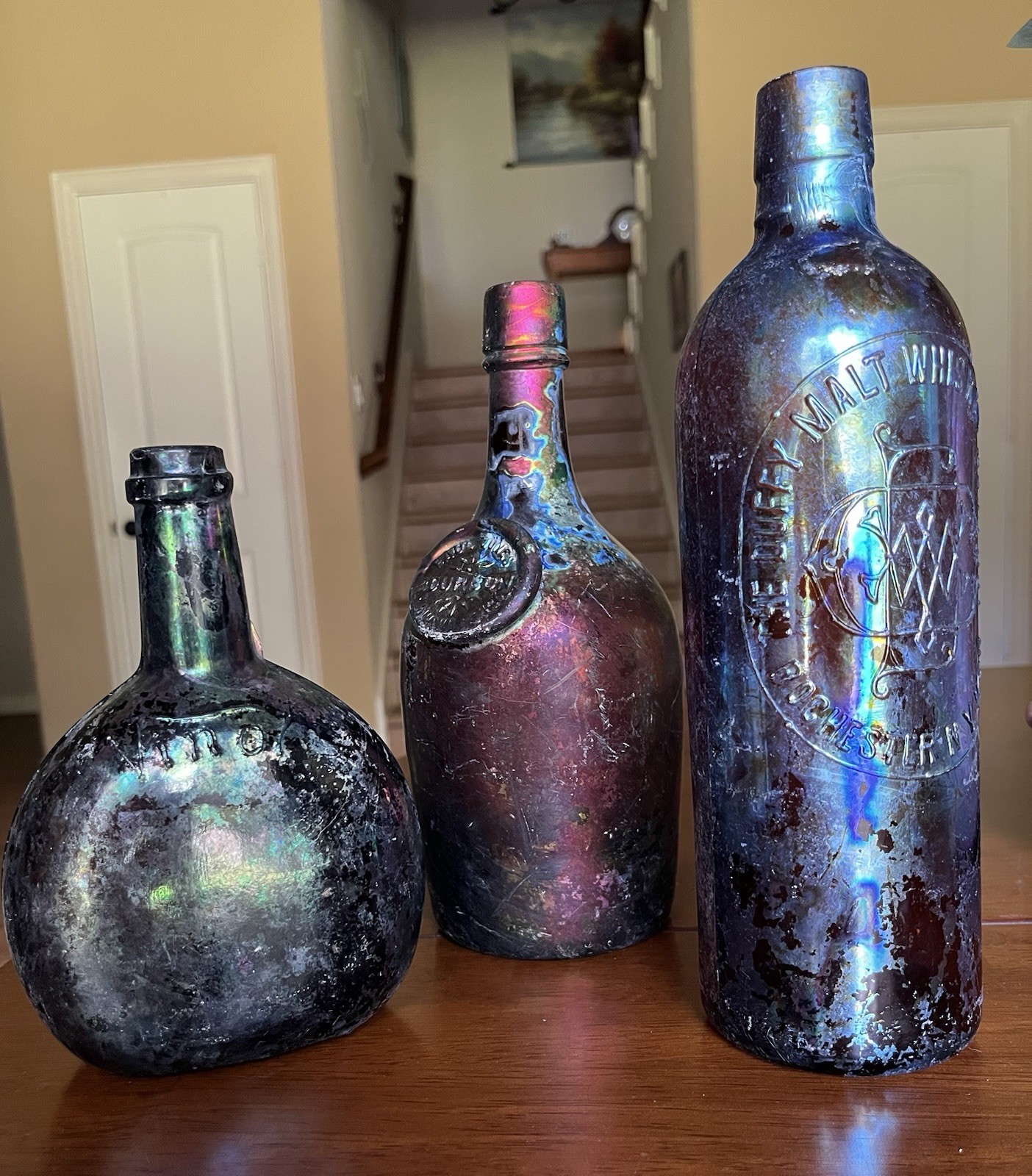 Vintage Antique Bottles Onion,Whiskey ,Bourbon Paul Jones. Set Of 3 . Iridescent Vintage Antique Bottles Onion,Whiskey ,Bourbon Paul Jones. Set Of 3 . Iridescent