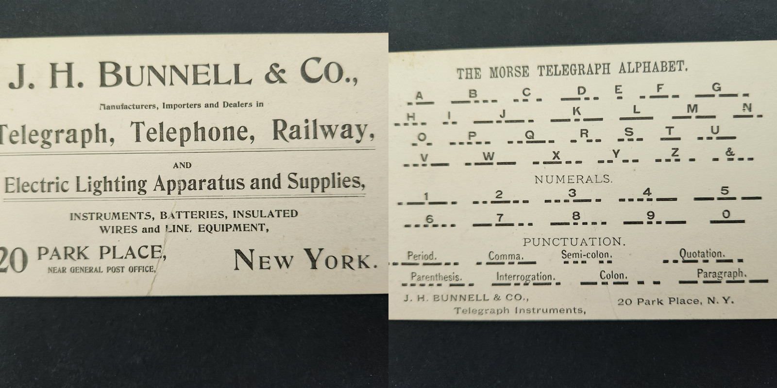 1890s antique JH BUNNELL & CO nyc BUSINESS CARD Telegraph Railway Morse Code