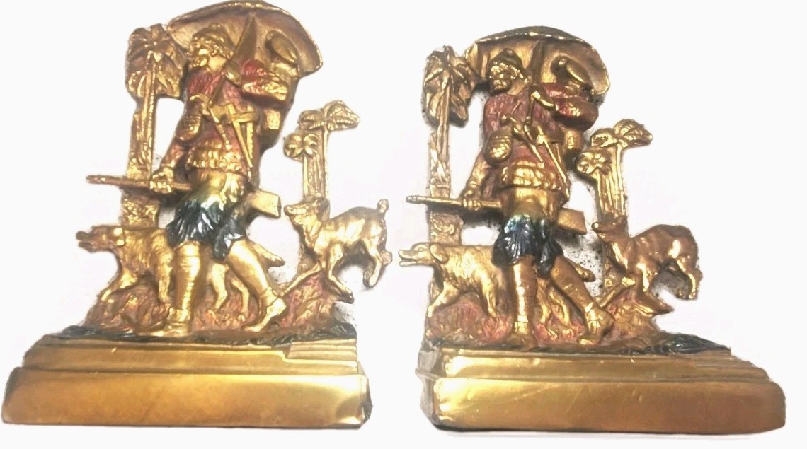 Antiq Pompeian Bronze Co Robinson Crusoe Bookends Polychrome Bronze Clad Label