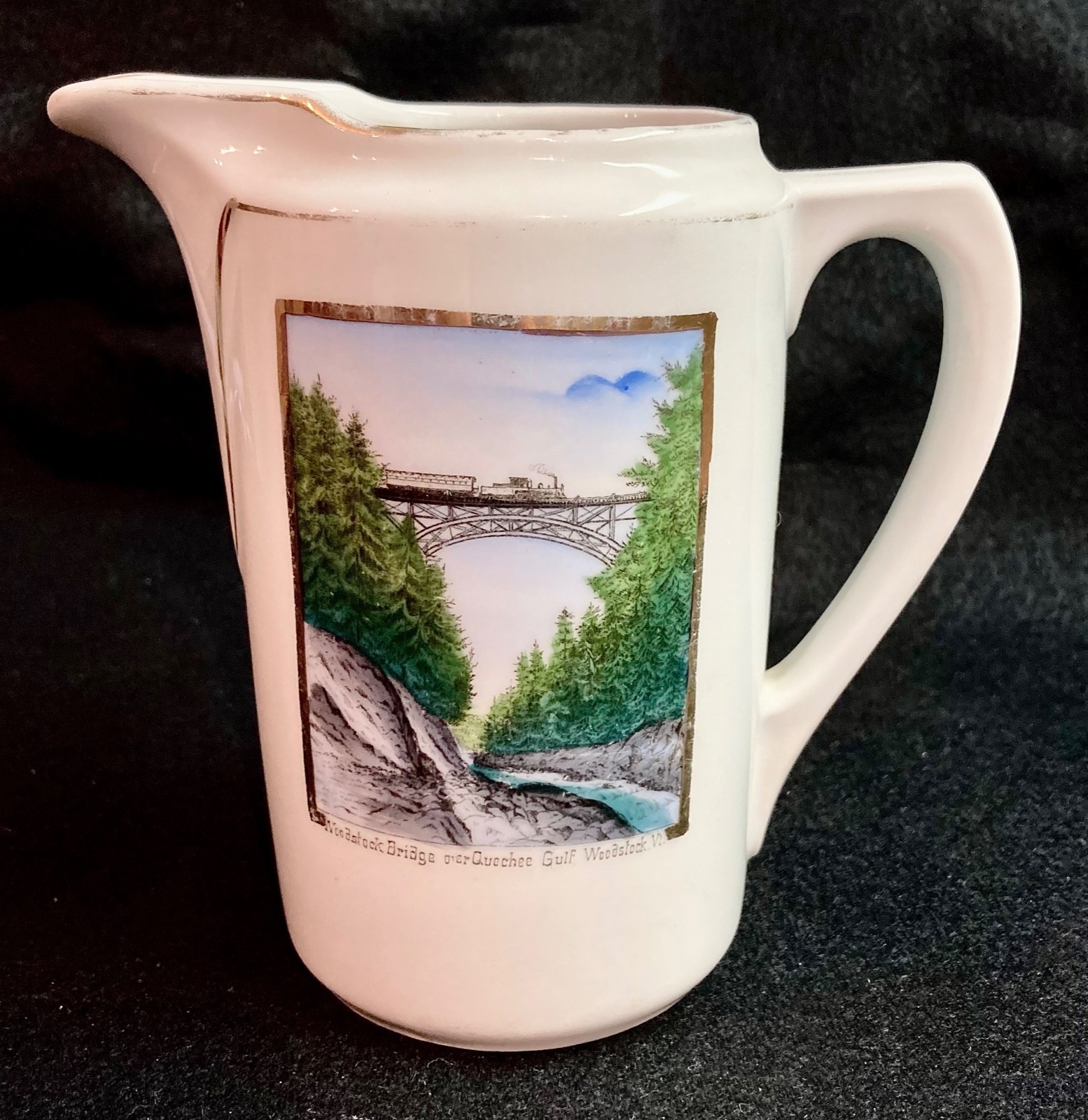 Railway Bridge Over Quechee Gorge VT porcelain souvenir pitcher, for W.D. Cabot