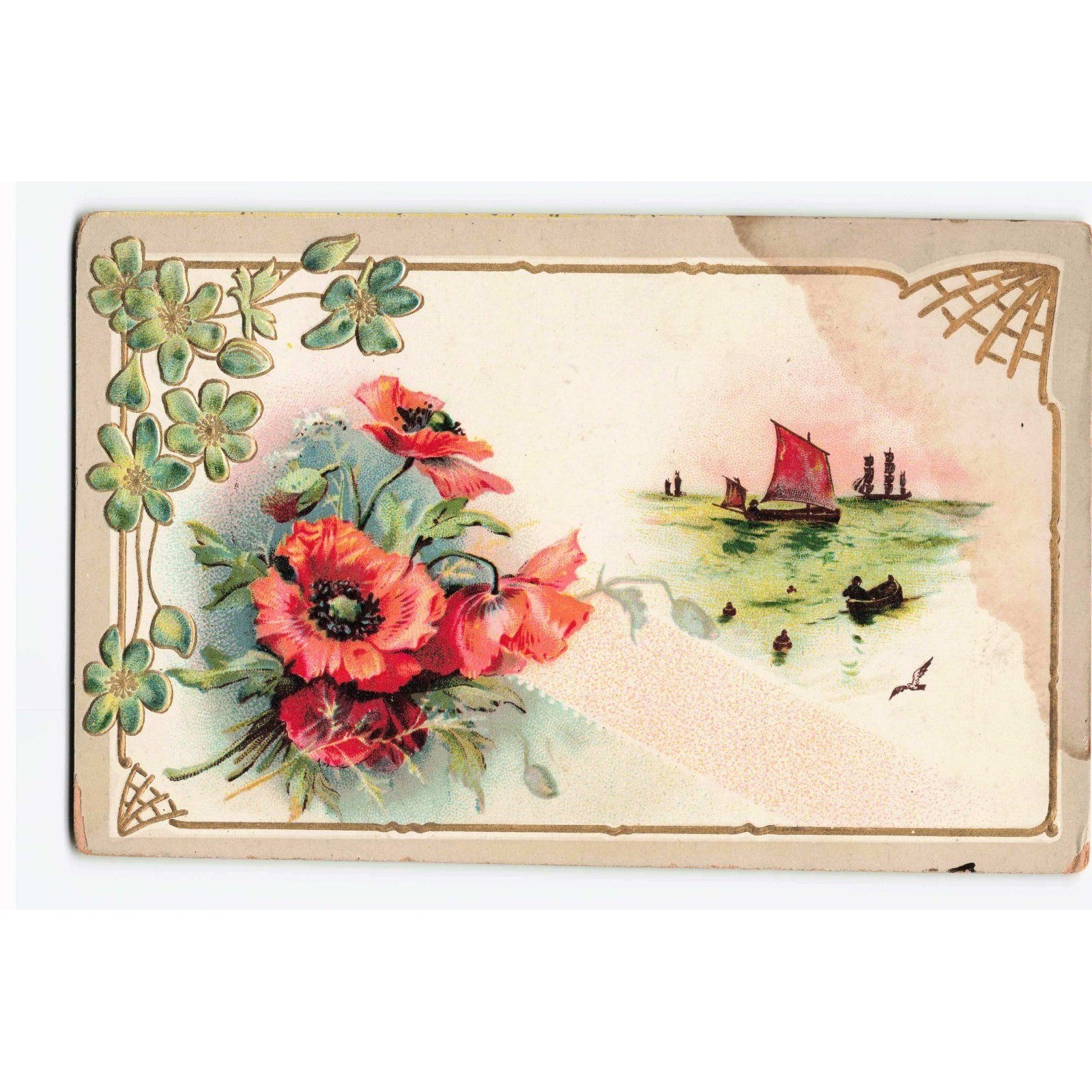 Antique 1911 Embossed Card Red Poppies Sailboats Nautical Floral Ephemera