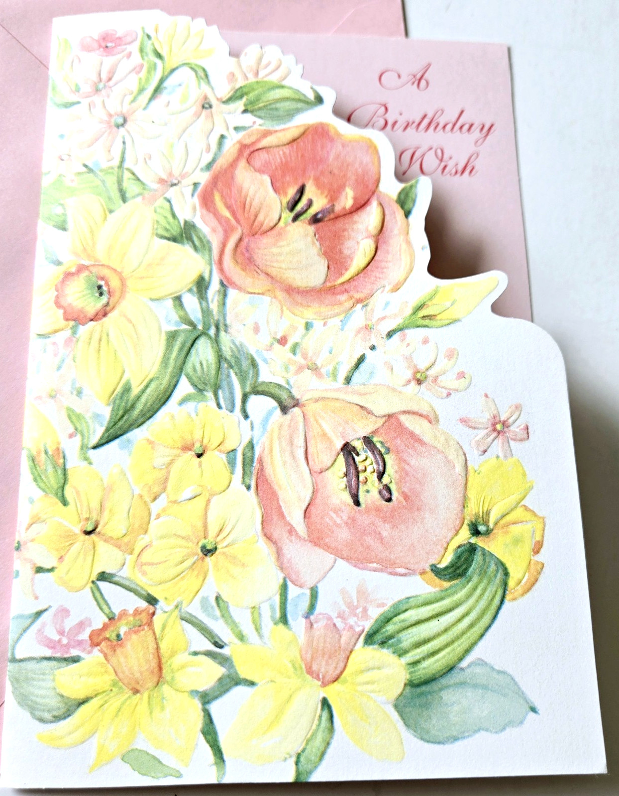 Vintage Greeting Card Birthday Embossed Flowers Christian Floral Daffodils