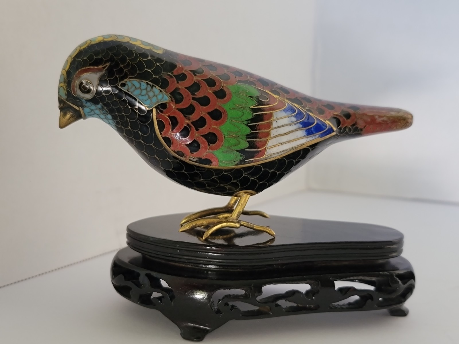Vintage Chinese Cloisonne Bird Figurine Brass Feet With Wooden Stand