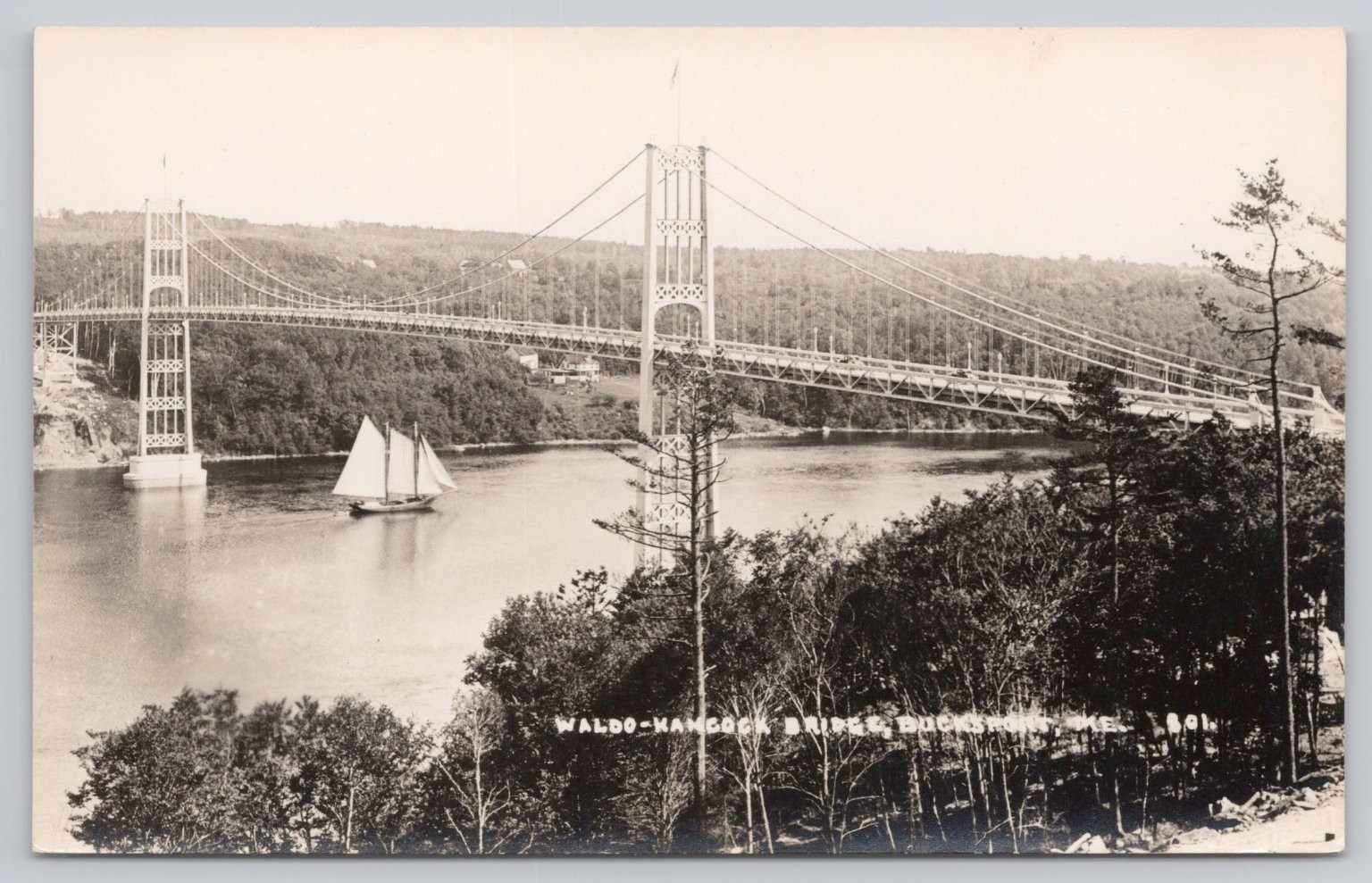 Waldo-Hancock Bridge Bucksport Maine RPPC Eastern Illustrating Sailboat 1930s