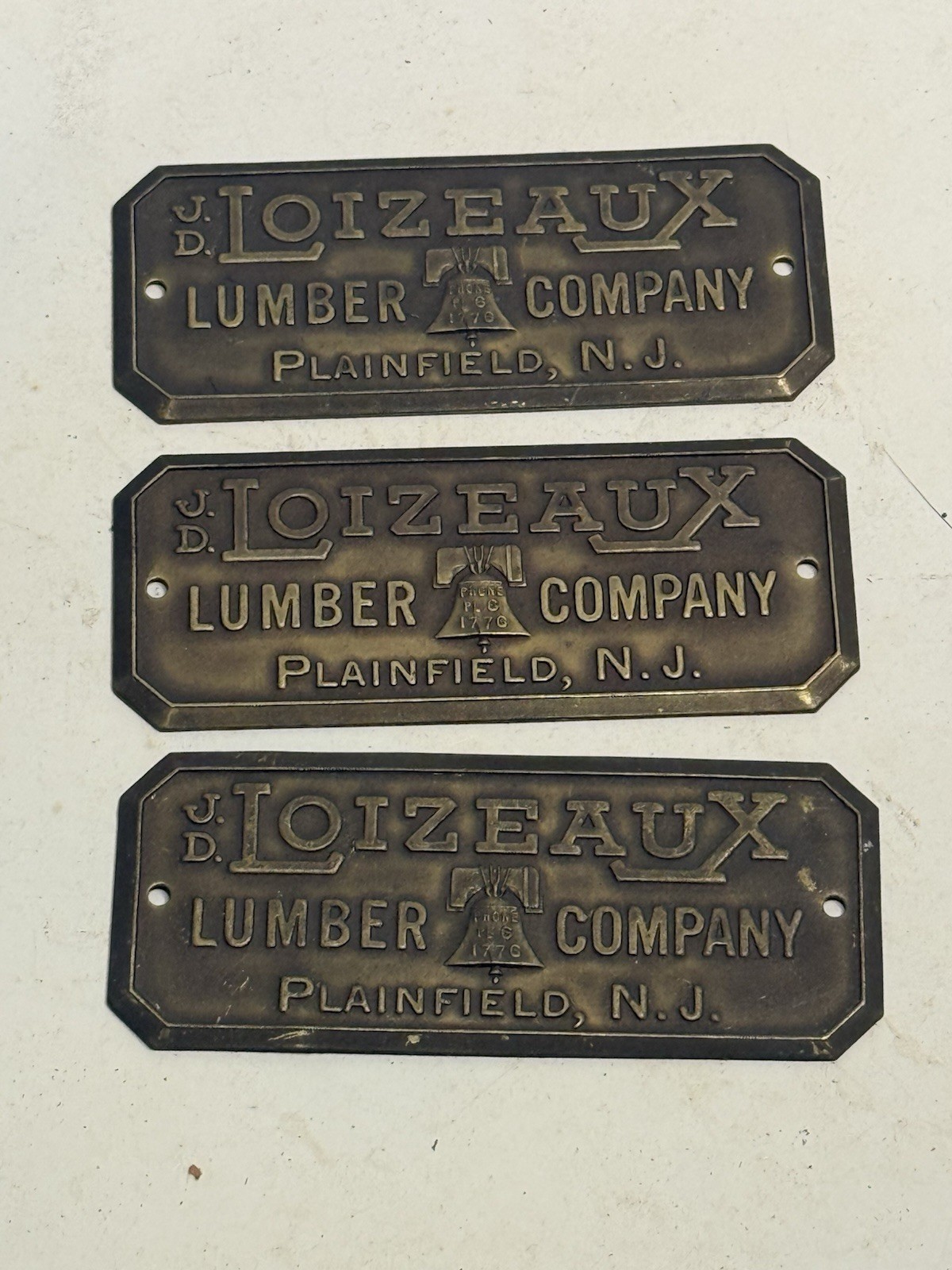3 Antique  J.D. Loizeaux Lumber Company Embossed Metal Nameplates Liberty Bell