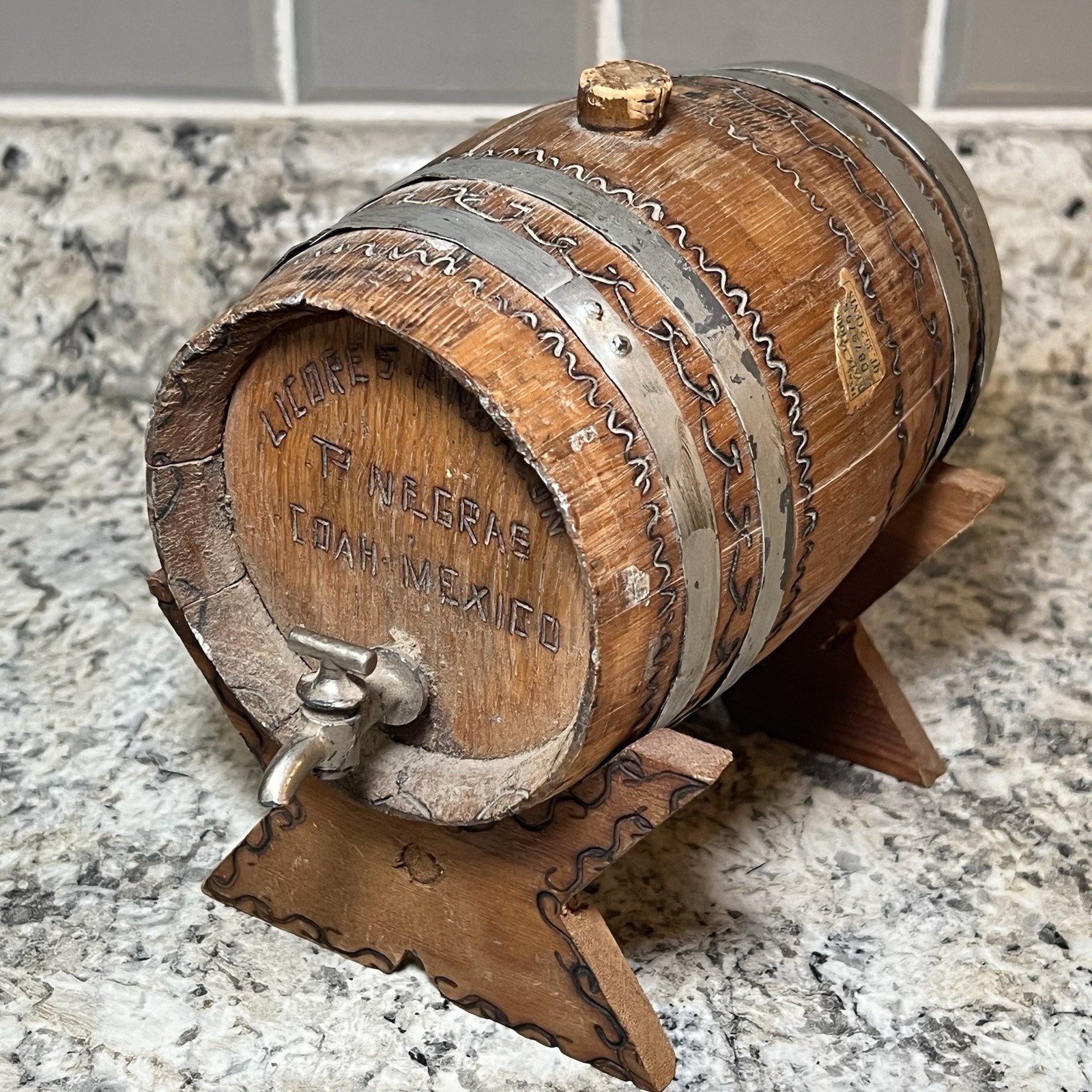 Antique Wooden Mexican Tequila wood  Bottle Barrel Shaped Tequila Vintage