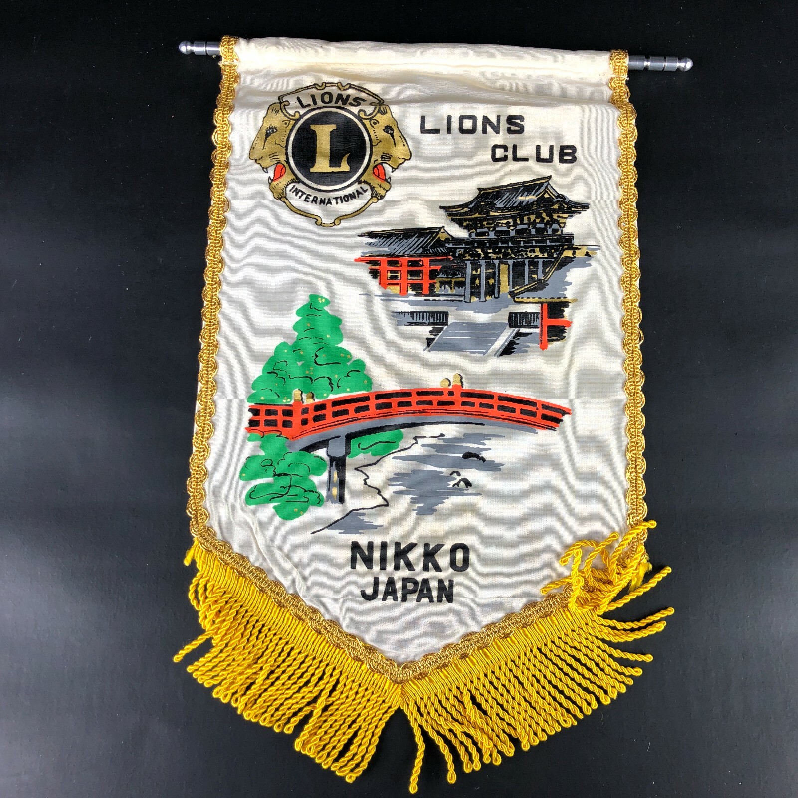 Vintage NIKKO,JAPAN Lions Club International PENNANT Flag Gold Fringe RARE Asian Vintage NIKKO,JAPAN Lions Club International PENNANT Flag Gold Fringe RARE Asian