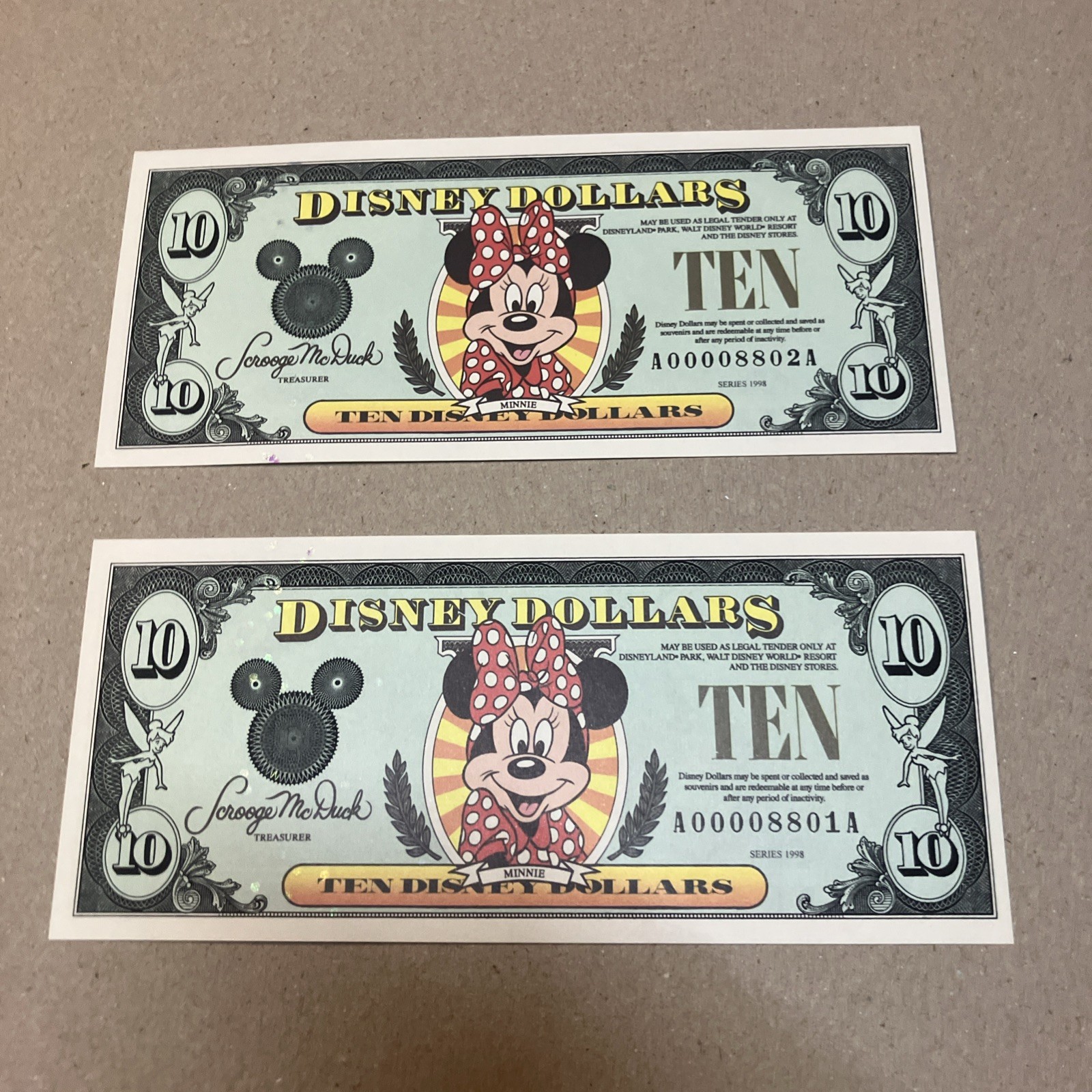 1998 Minnie $10 Ultra Rare Low Serial Number 2 Seq Bills Mint Uncirculated