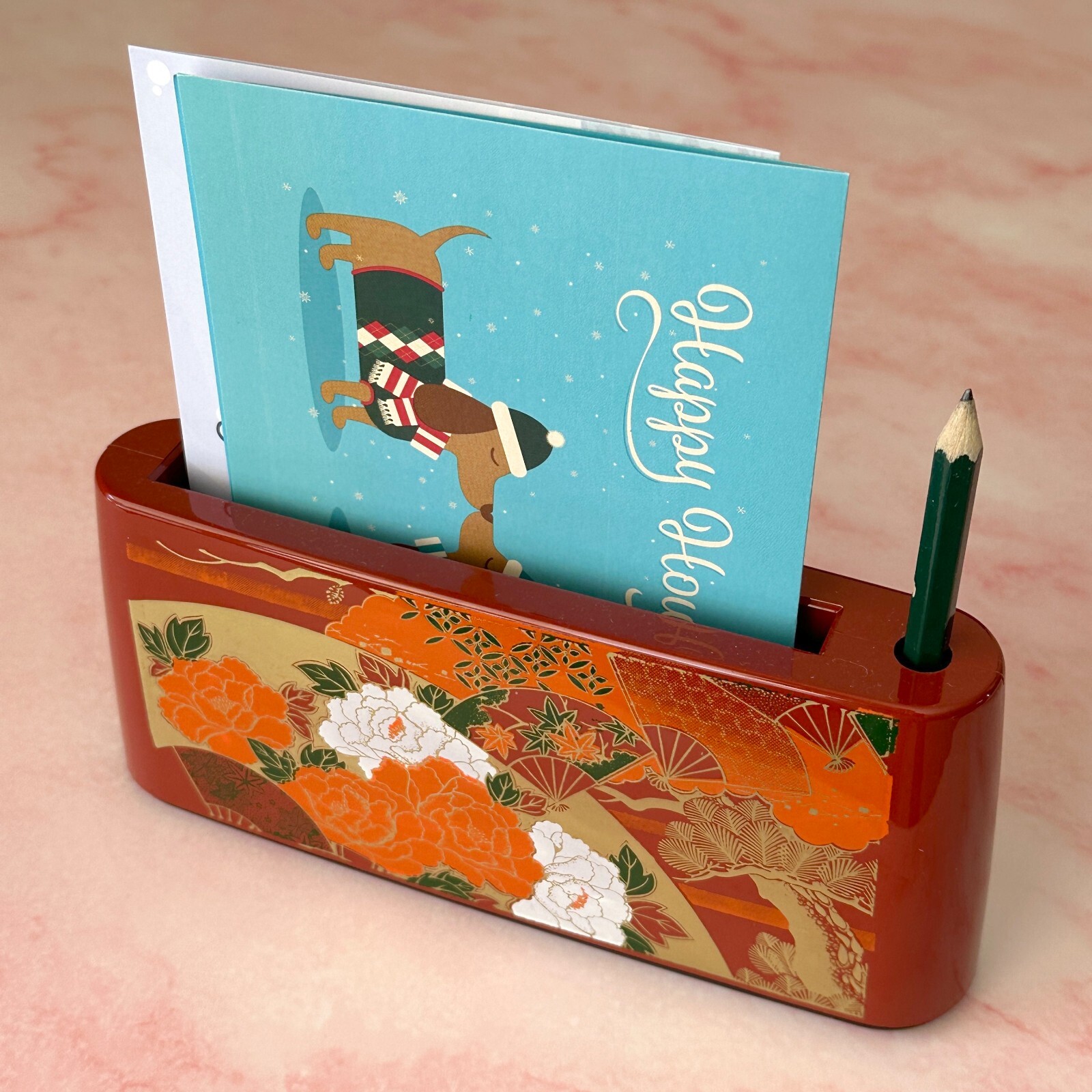 Japanese Red Vintage Letter Holder Desk Tray Mail Caddy Floral Bonsai Landscape
