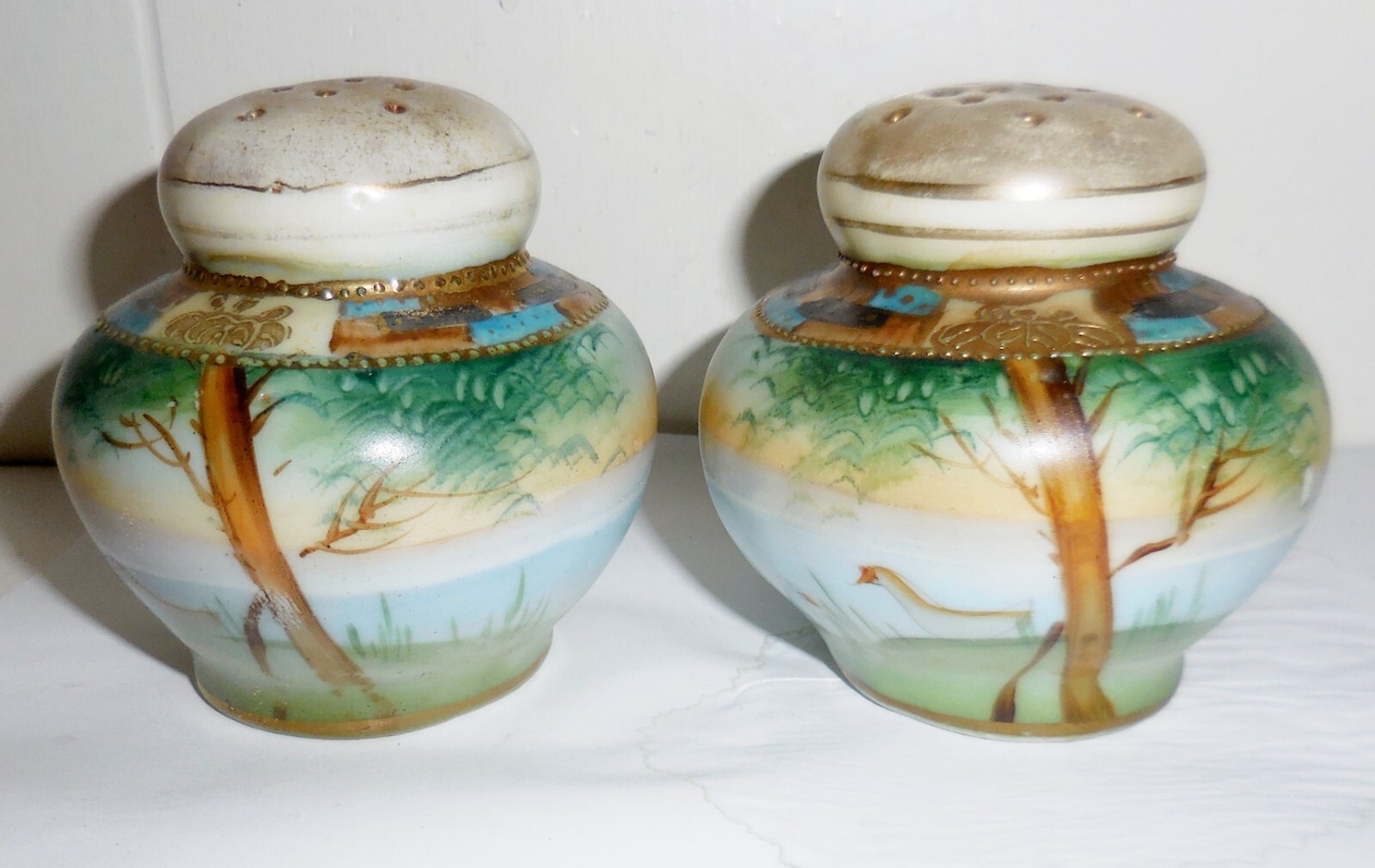 ART NOUVEAU PORCELAIN SALT AND PEPPER SHAKERS HANDPAINTED DESIGN 1800'S ?
