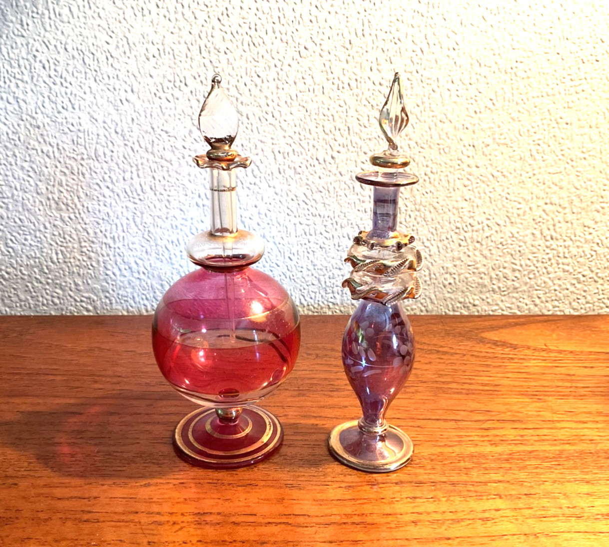 2x Vintage Egyptian Hand Blown Glass Perfume Bottles + stoppers purple + ruby