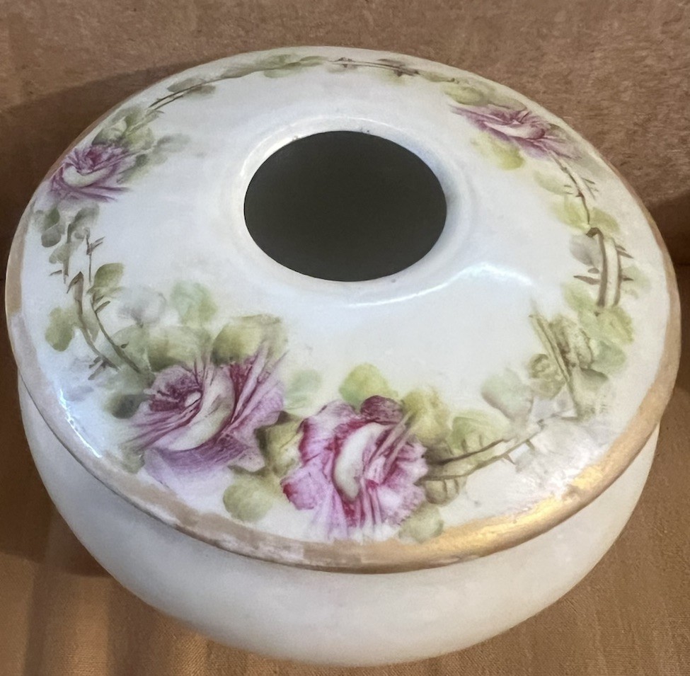 Weimar Germany White Porcelain Hair Receiver Pink Roses Vintage