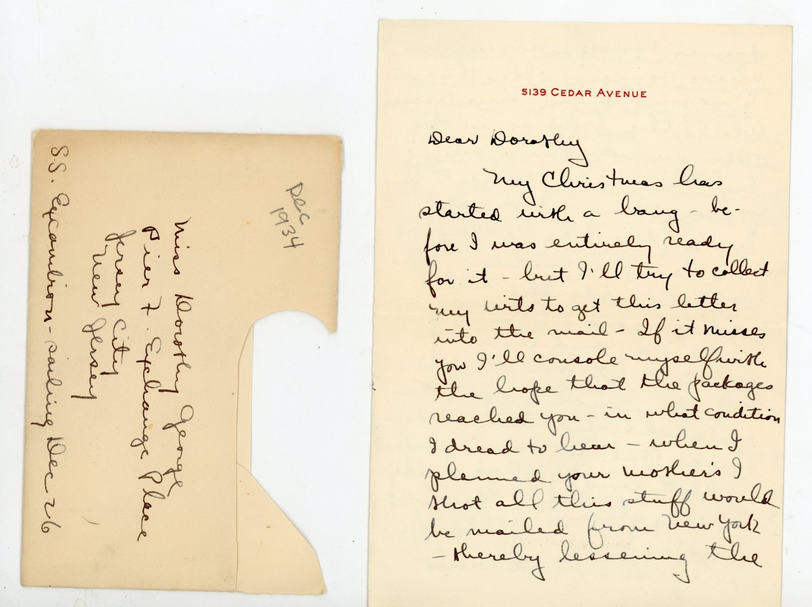 1934 Hand-Written Christmas Letter & Cut Cover SS Excambrion Pier 7 Jersey City