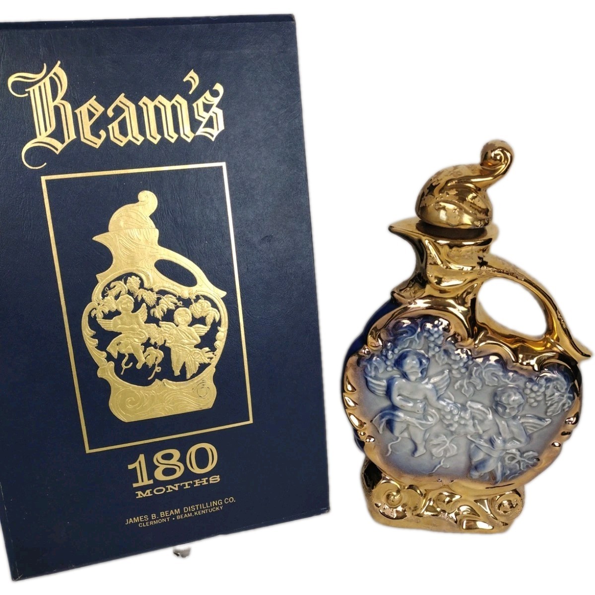 VTG 70’s JIM BEAM Decanter Cherubs Weeping Gold/Blue Regal USA Made W Box Decor