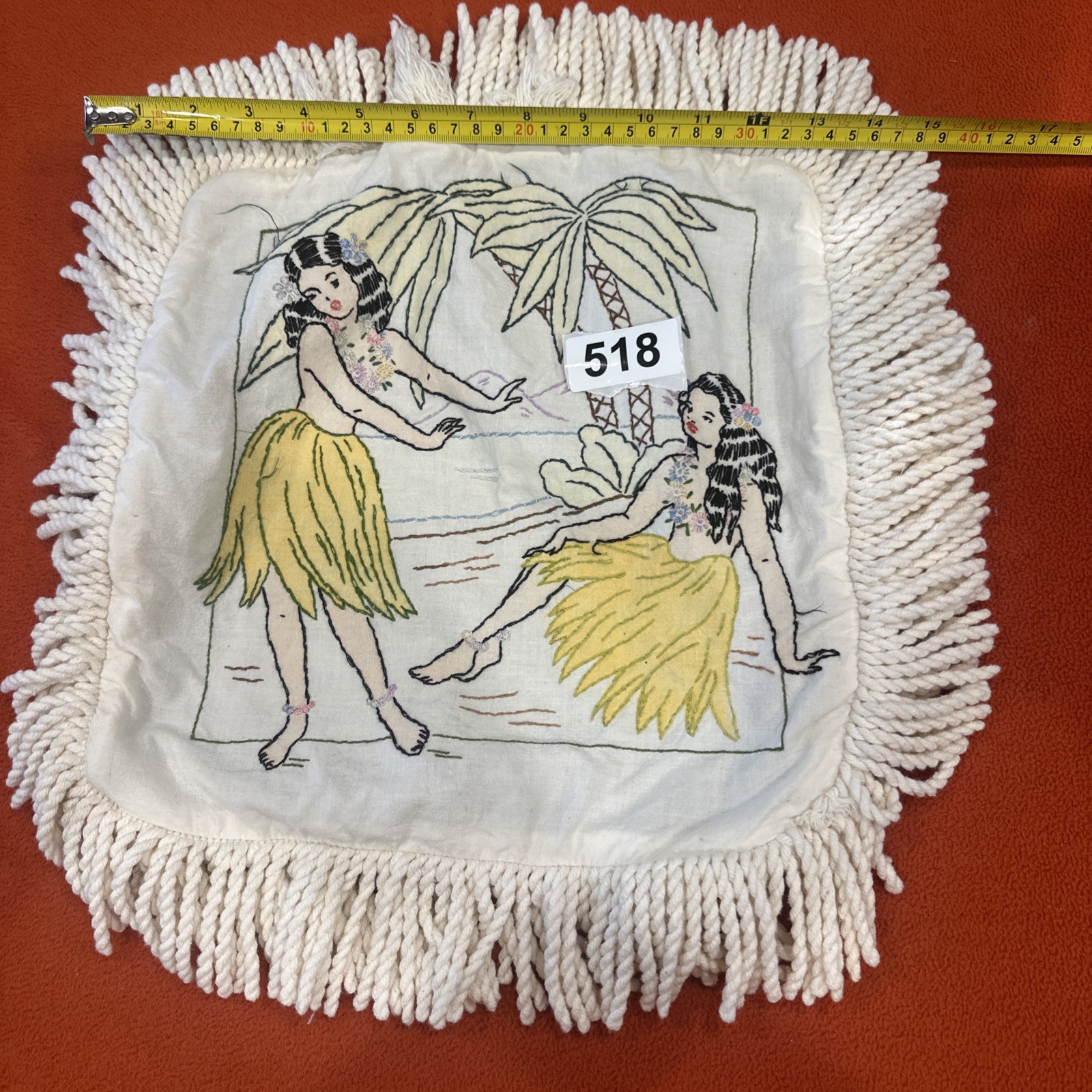 Vintage Hawaiian Hula Hand Embroidered Zippered Pillow covered 12 X 12 Plus